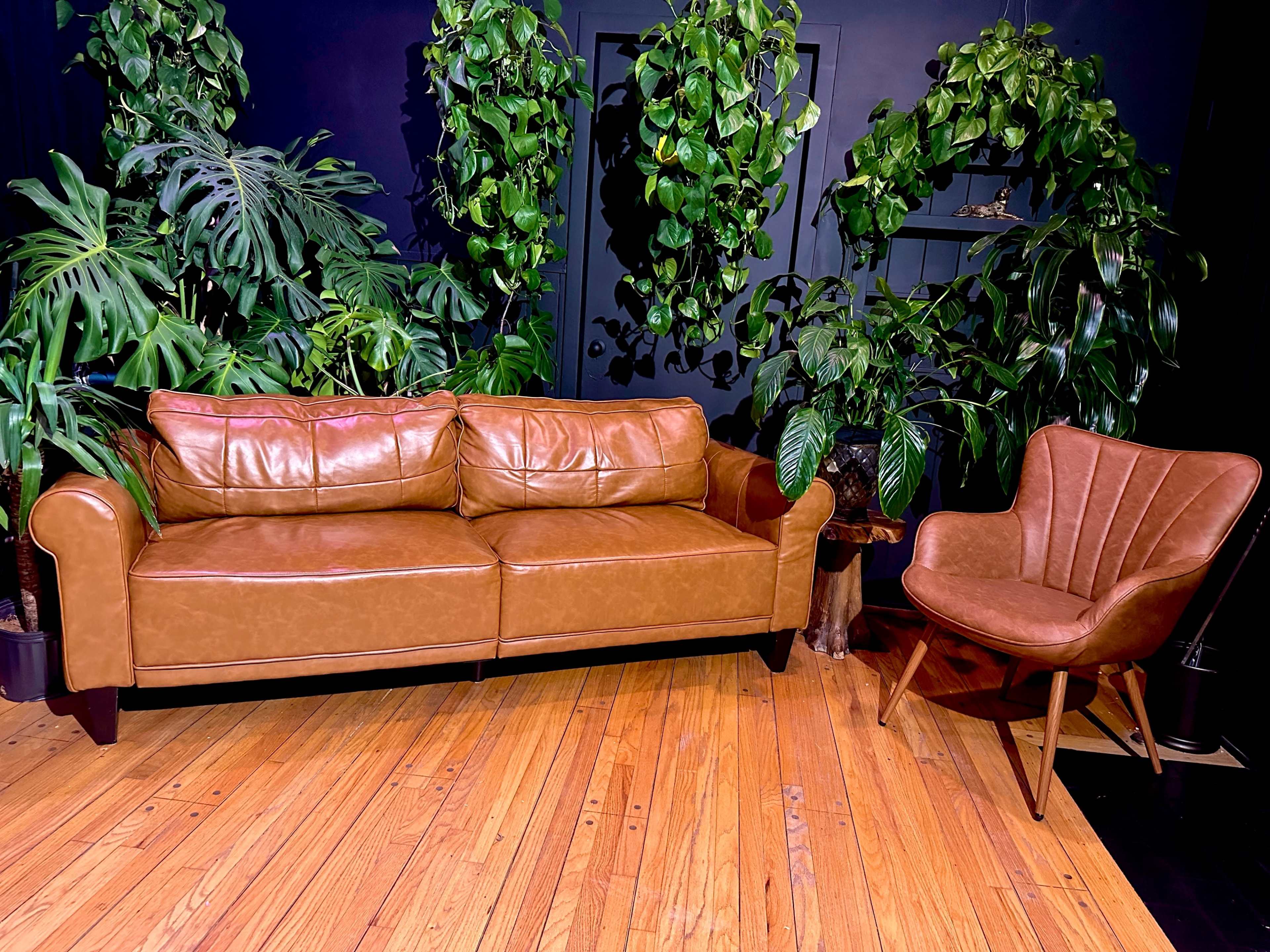 The image features a brown leather couch and a matching armchair set against a backdrop of lush green plants on a wooden floor.