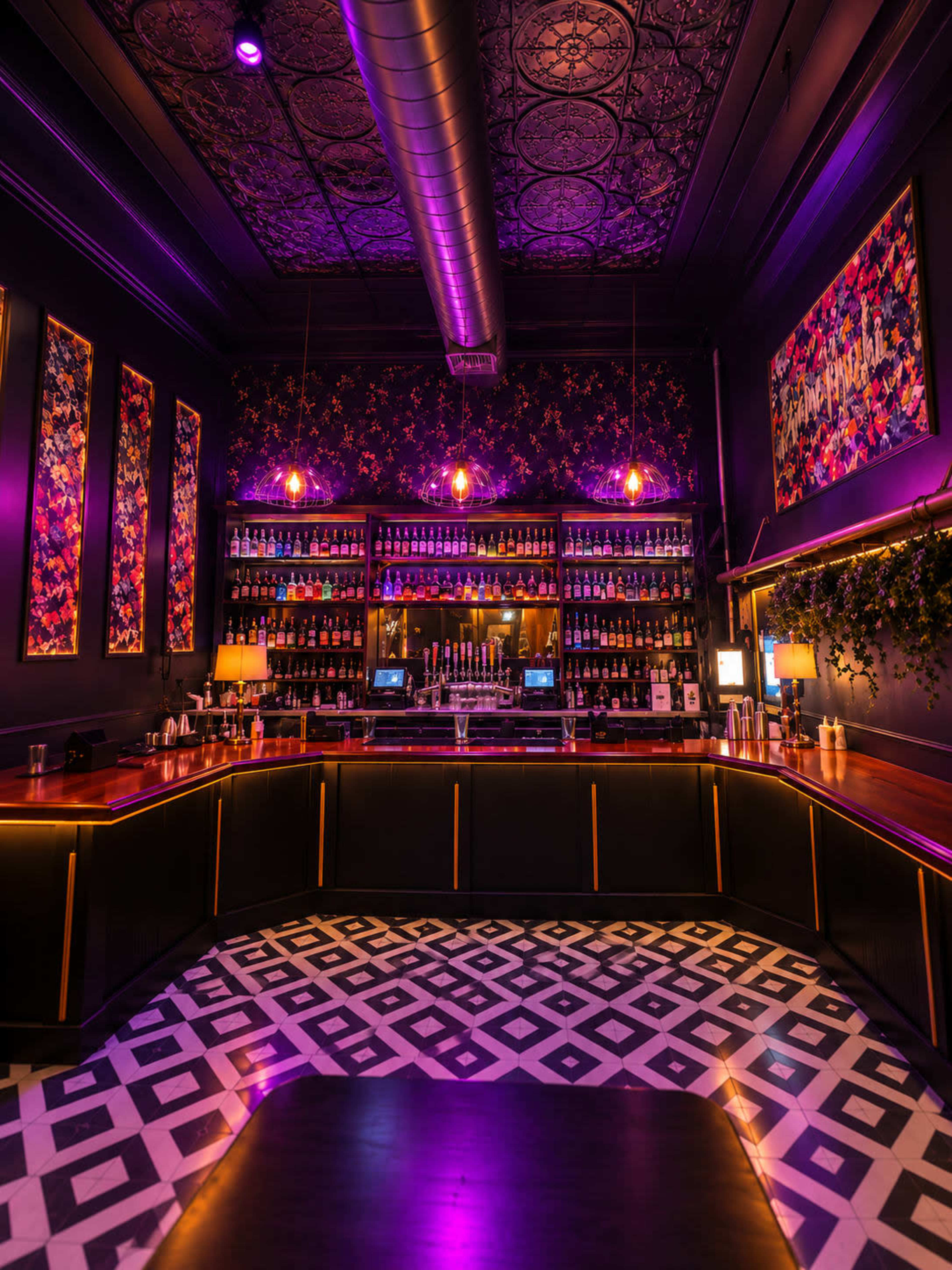 The image depicts a stylish bar with a dark color scheme, featuring a well-stocked shelf of bottles, illuminated by purple lighting and decorative elements on the walls.
