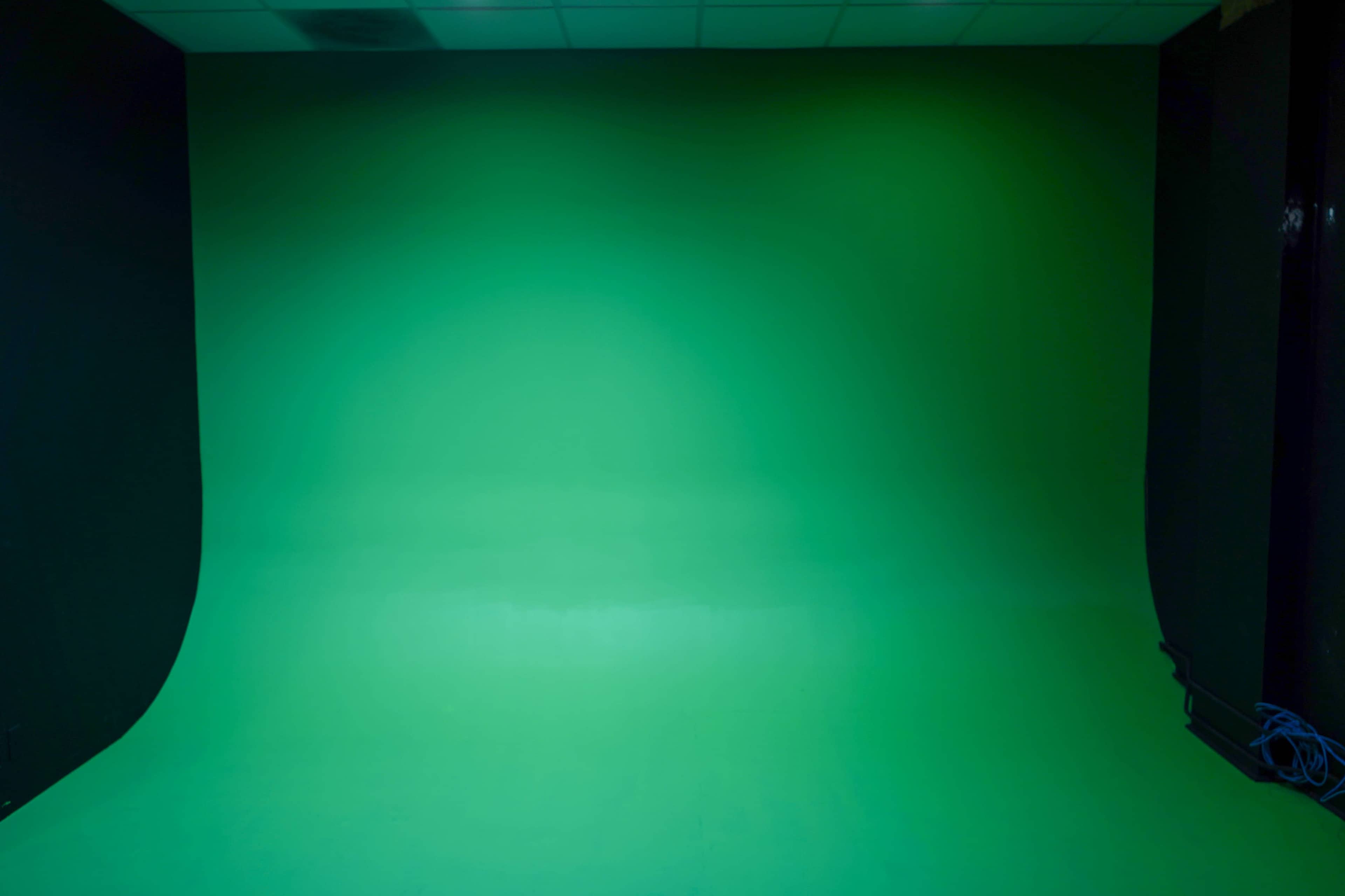 A plain green backdrop in a studio setting.