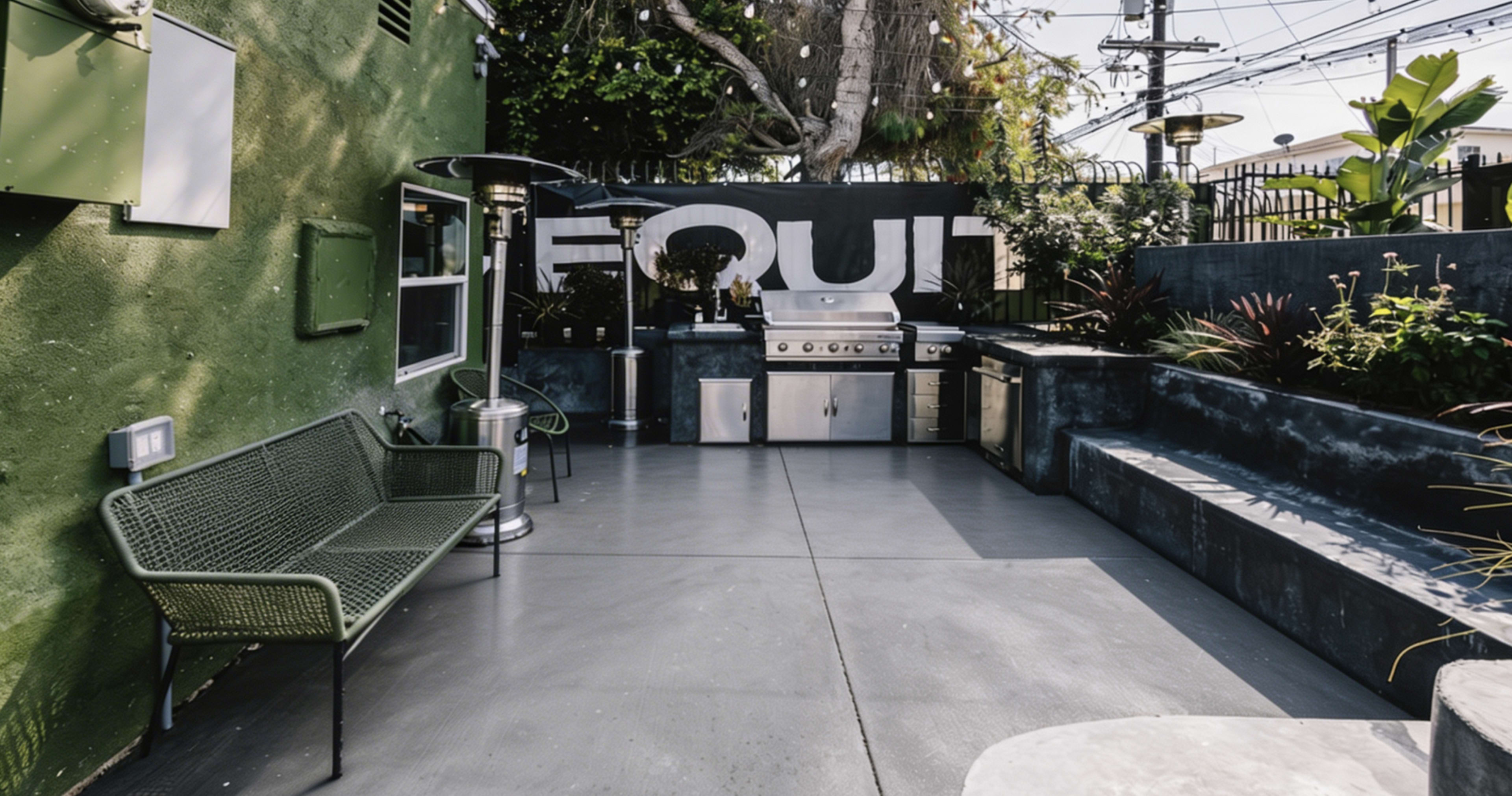 The image shows a modern outdoor kitchen area featuring a stainless steel grill, a concrete countertop, and green plants, with a large mural reading "EQUIT" on the wall.