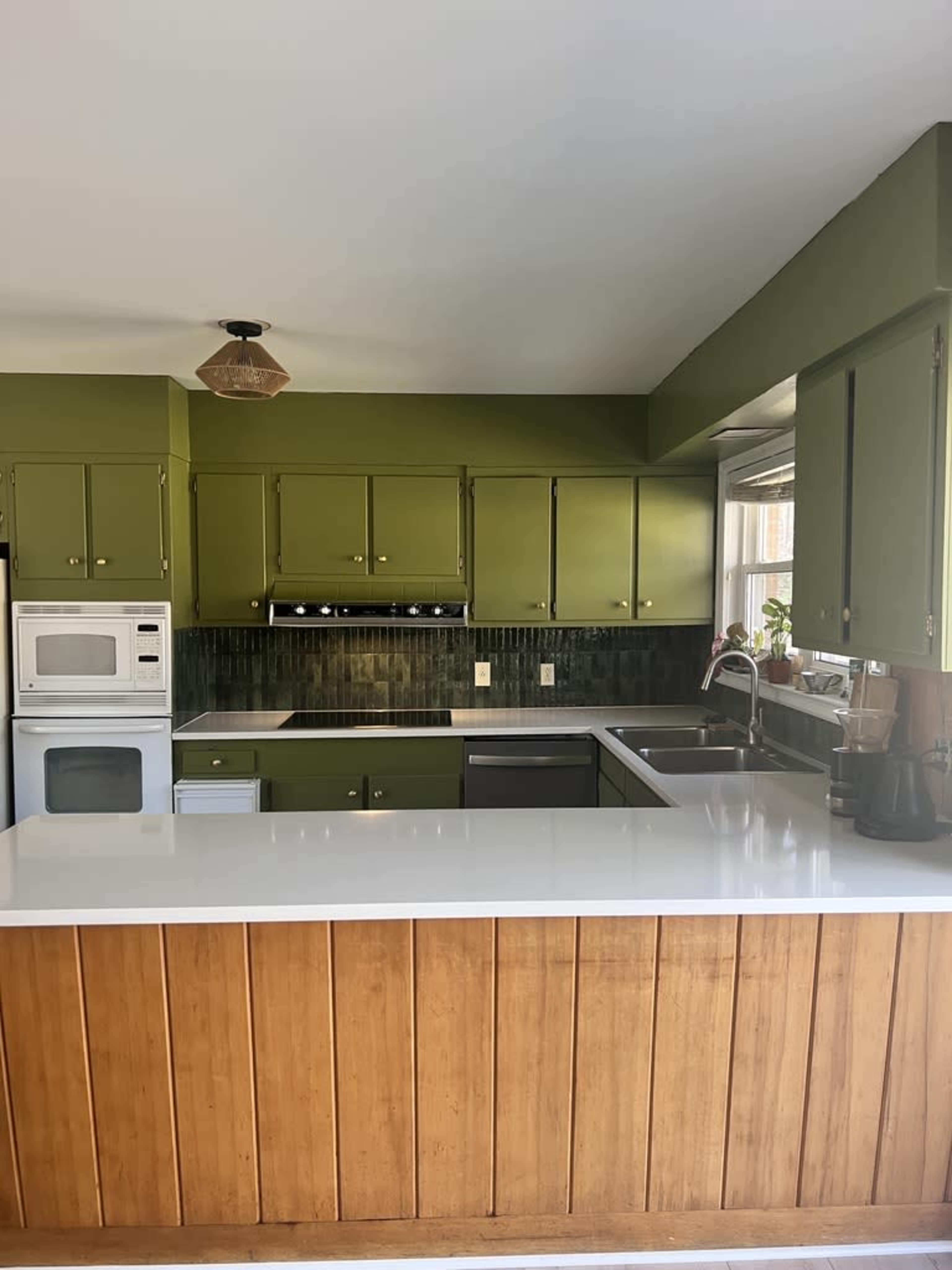 The kitchen features green cabinets, a white countertop, and modern appliances against a tiled backsplash.