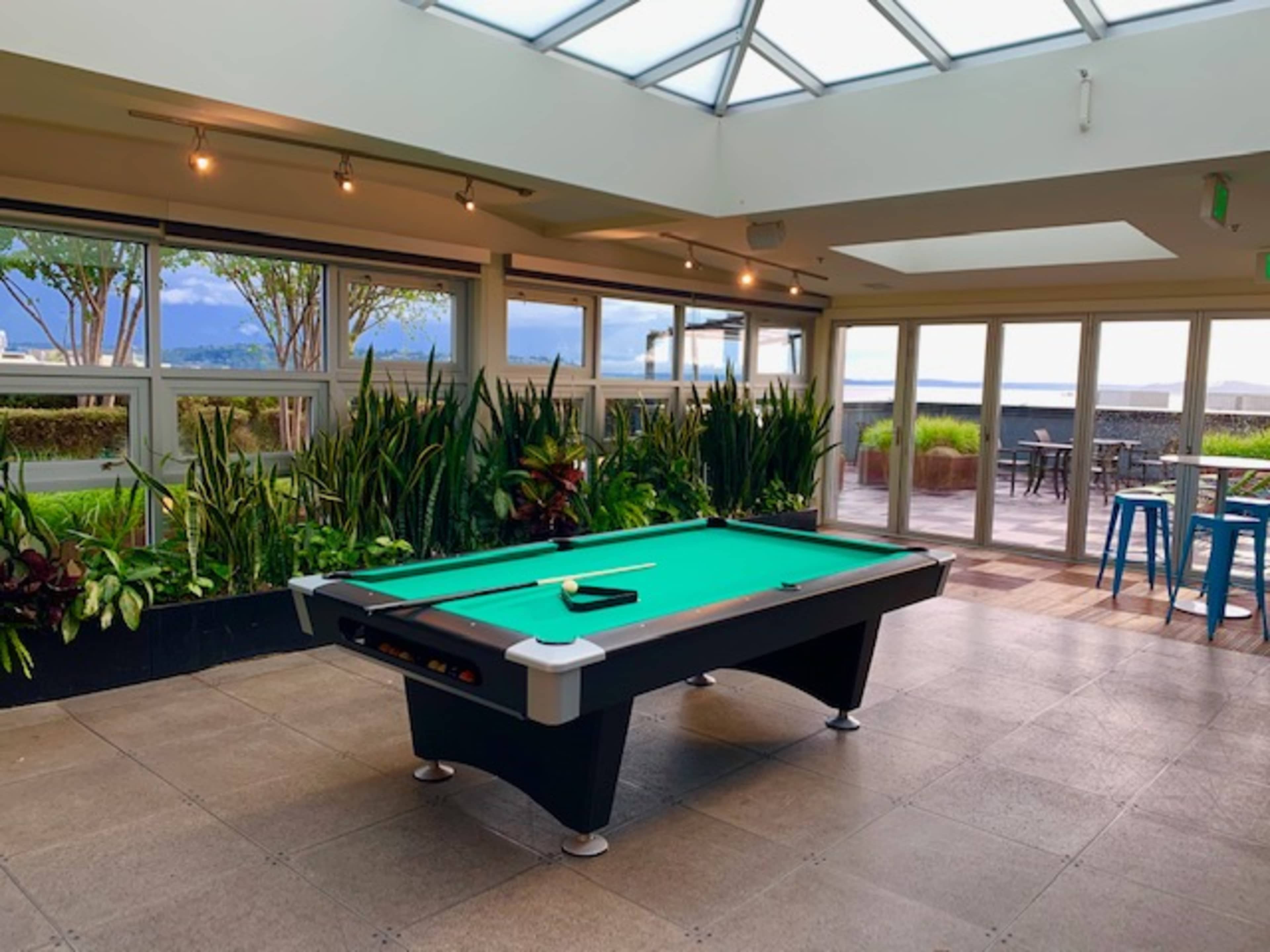 A billiard table sits in a well-lit room surrounded by large windows and greenery.
