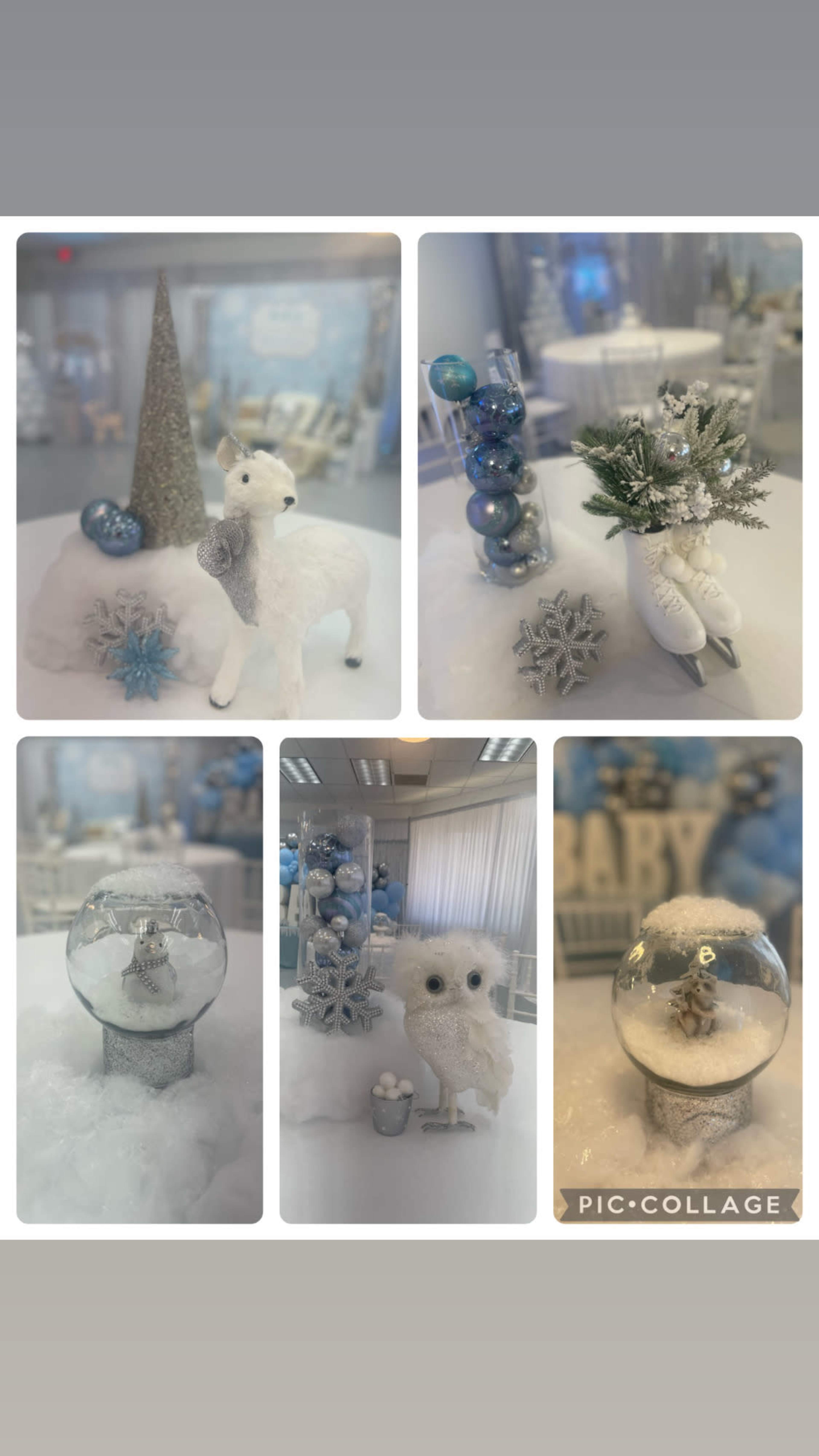 The image showcases a winter-themed decor arrangement featuring a white reindeer, an owl, snowflakes, a small Christmas tree, and a snow globe, all set against a snowy background.