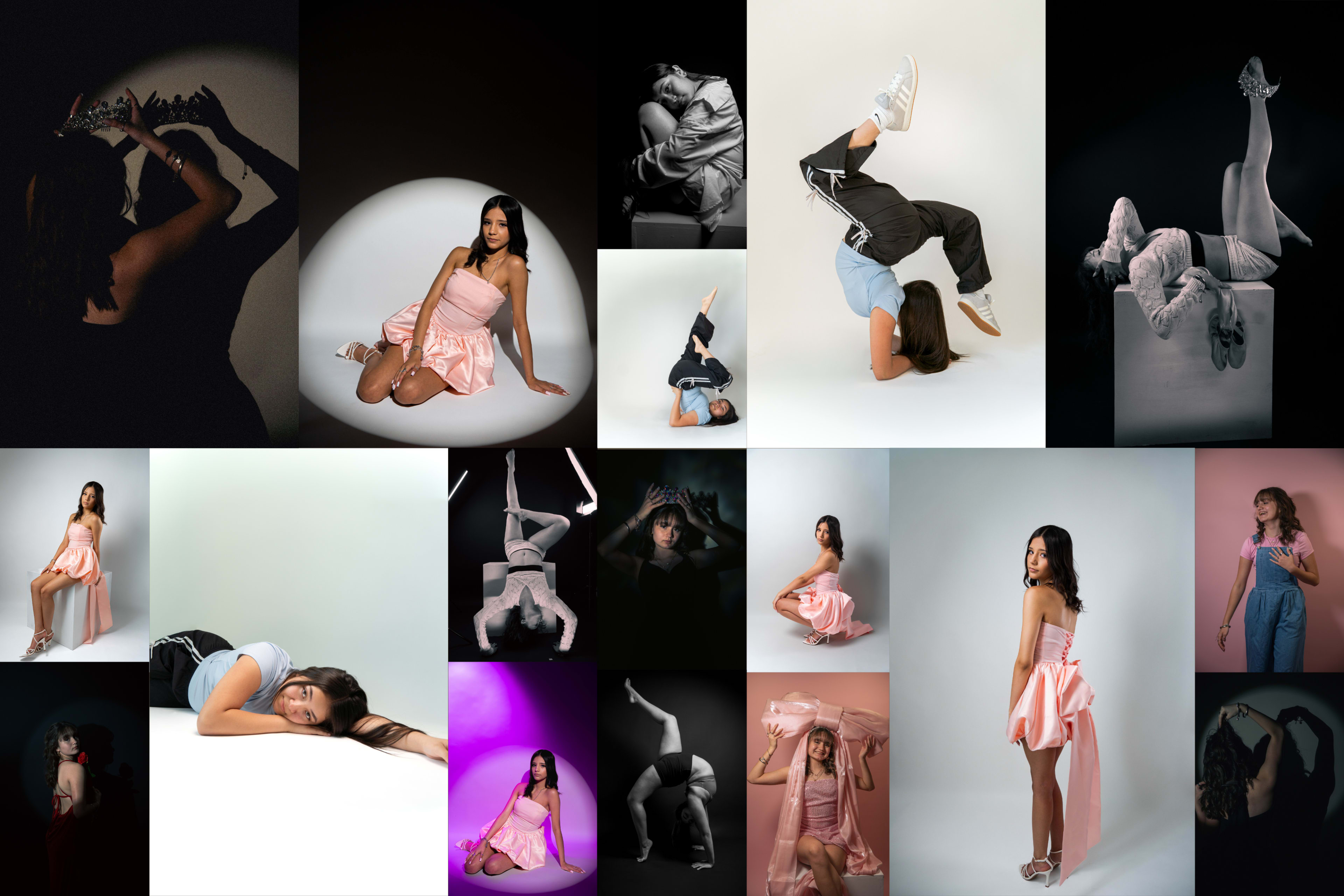 The image features a collage of various portraits and poses by a female model in different outfits and settings, including both elegant and dynamic poses.