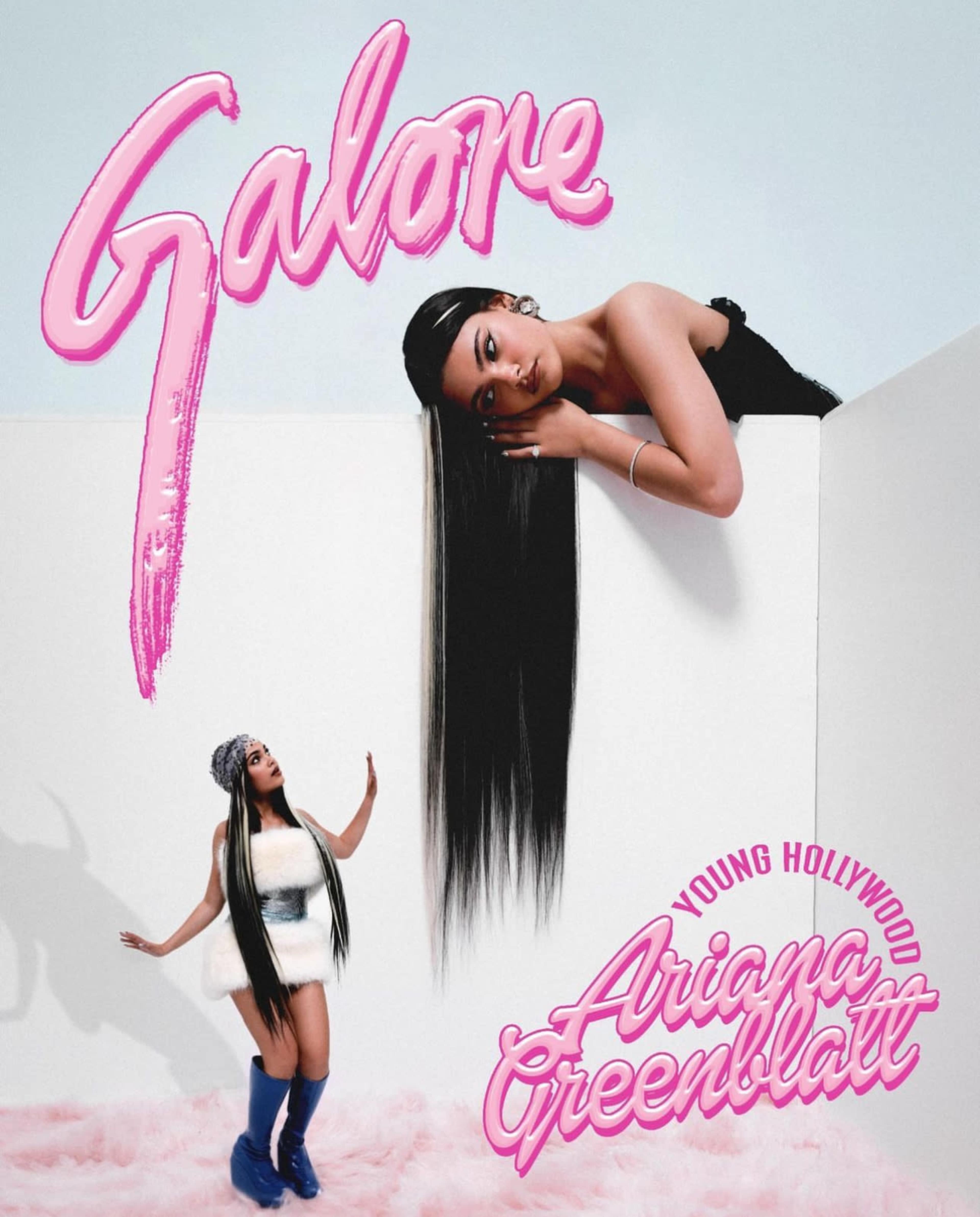 The image features a young woman with long hair leaning over a white wall, while another figure stands in a playful pose on the floor below, with pink text reading "Galore" at the top.