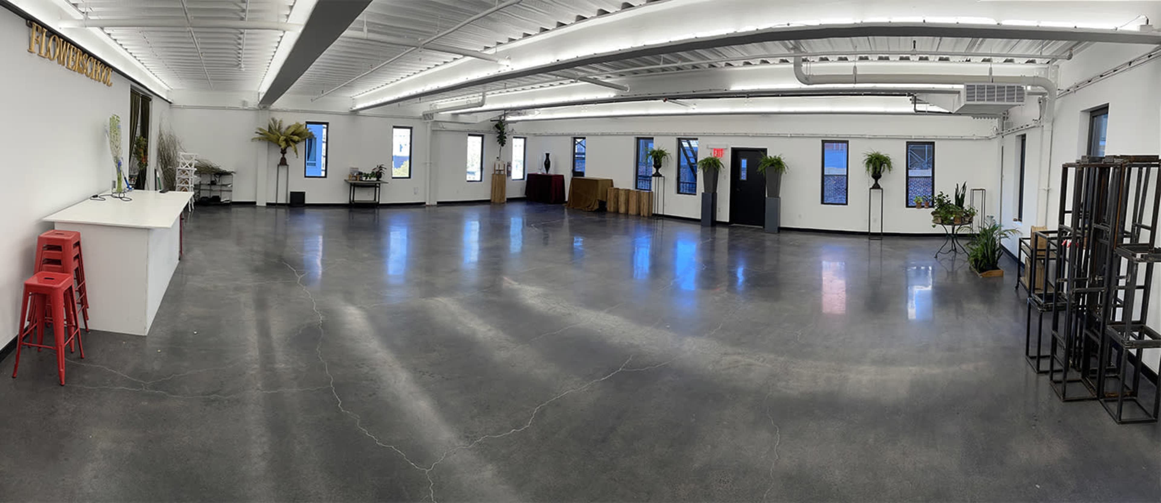 A spacious, empty room with polished concrete floors, large windows, and minimal furnishings, including a white bar and decorative plants.