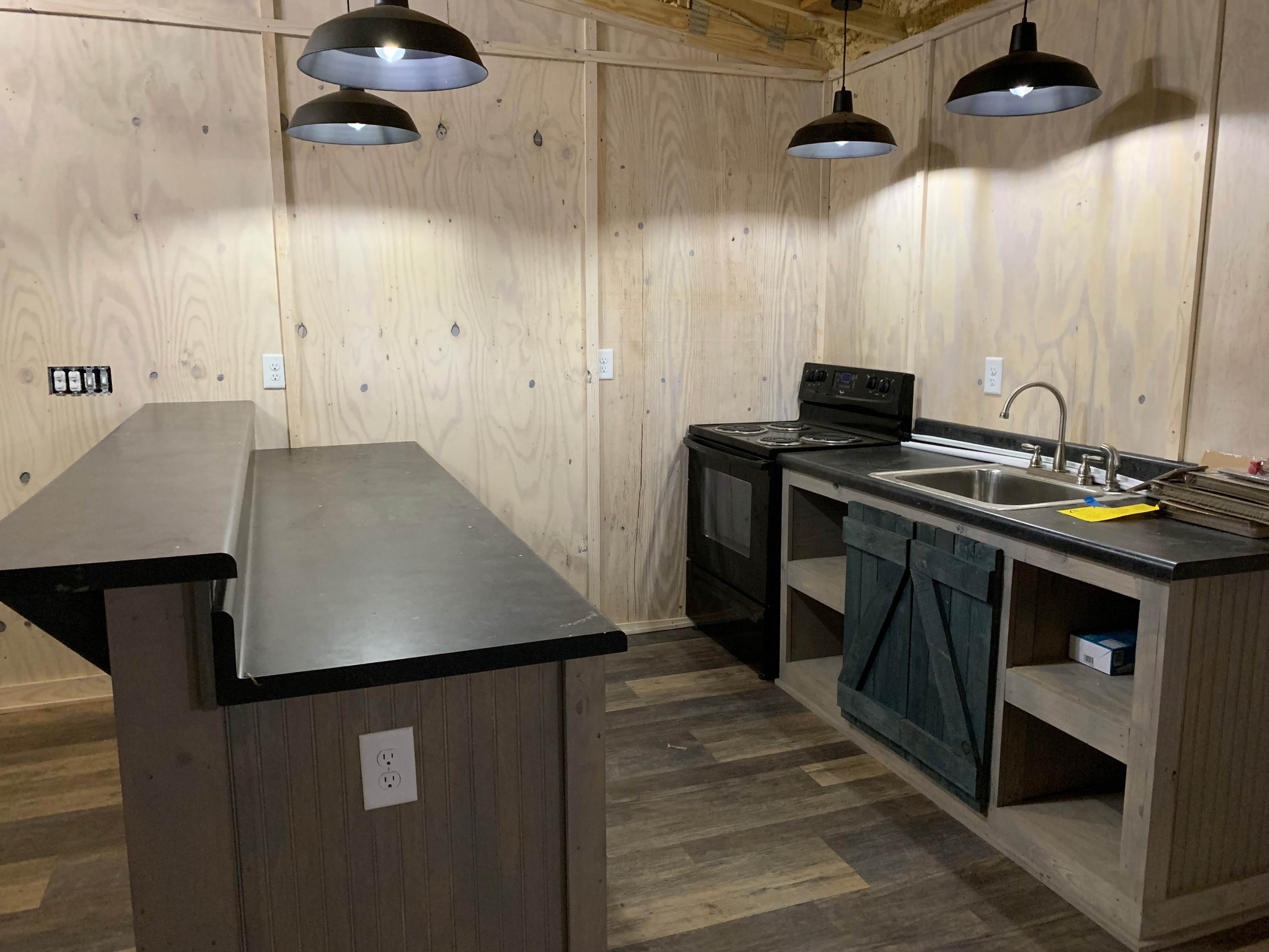 The image shows a kitchen with a black countertop, an oven, a sink, and wooden walls, illuminated by pendant lights.