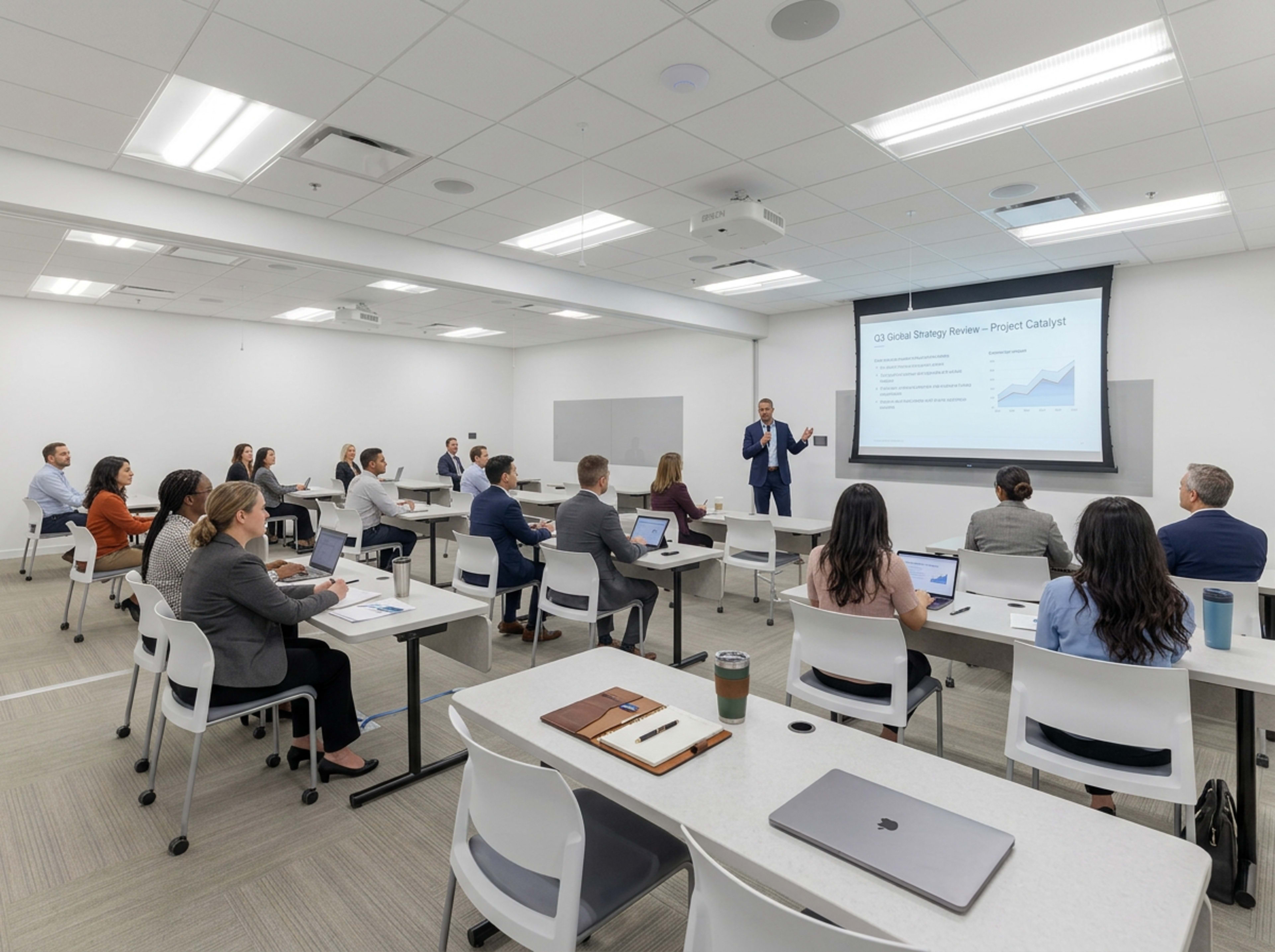 A group of professionals is engaged in a presentation in a modern conference room, with one presenter speaking and a large screen displaying a graph.