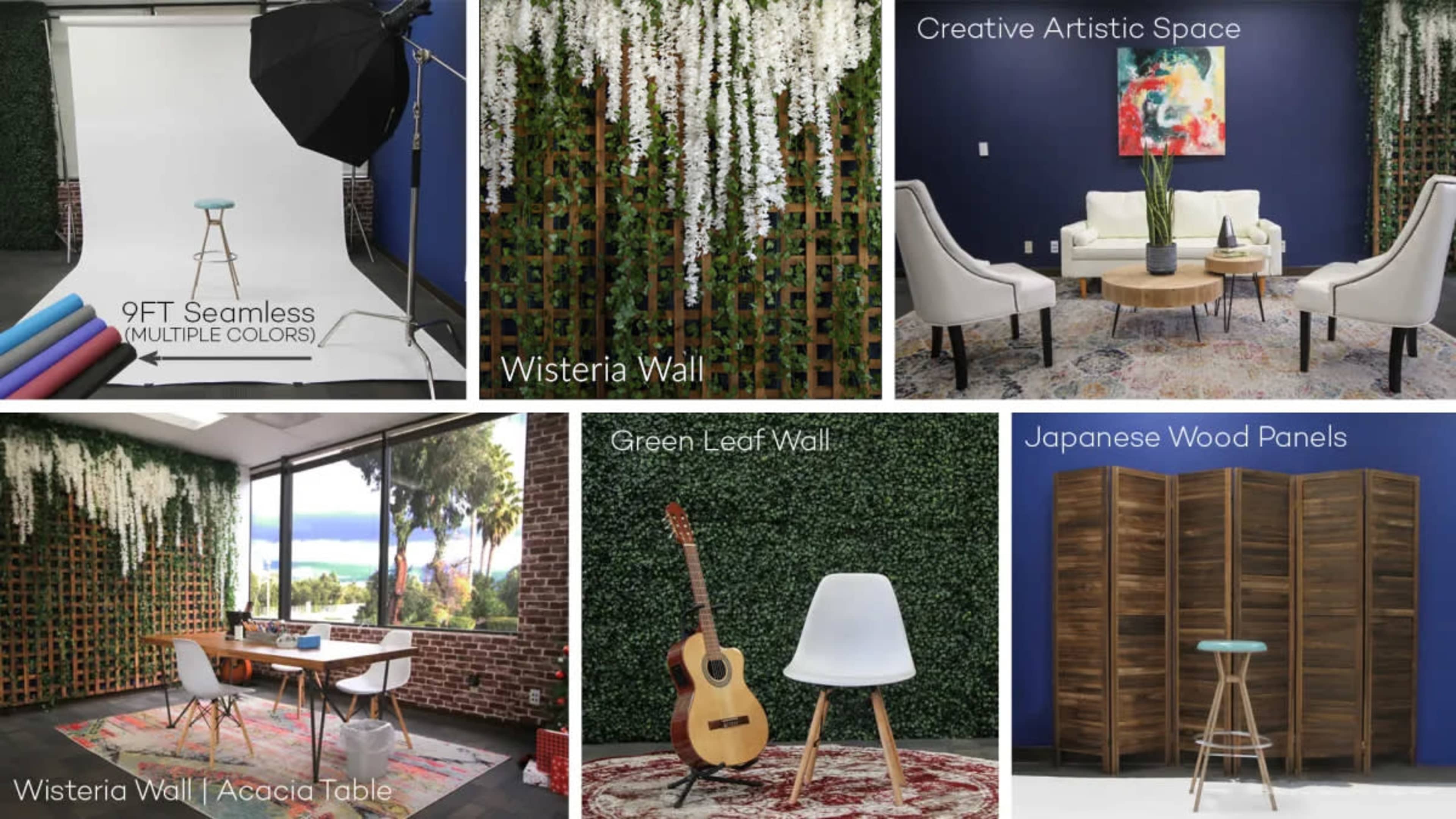 The image showcases various styled photography backdrops, including a wisteria wall, a green leaf wall, and Japanese wood panels, presented in a creative artistic space.
