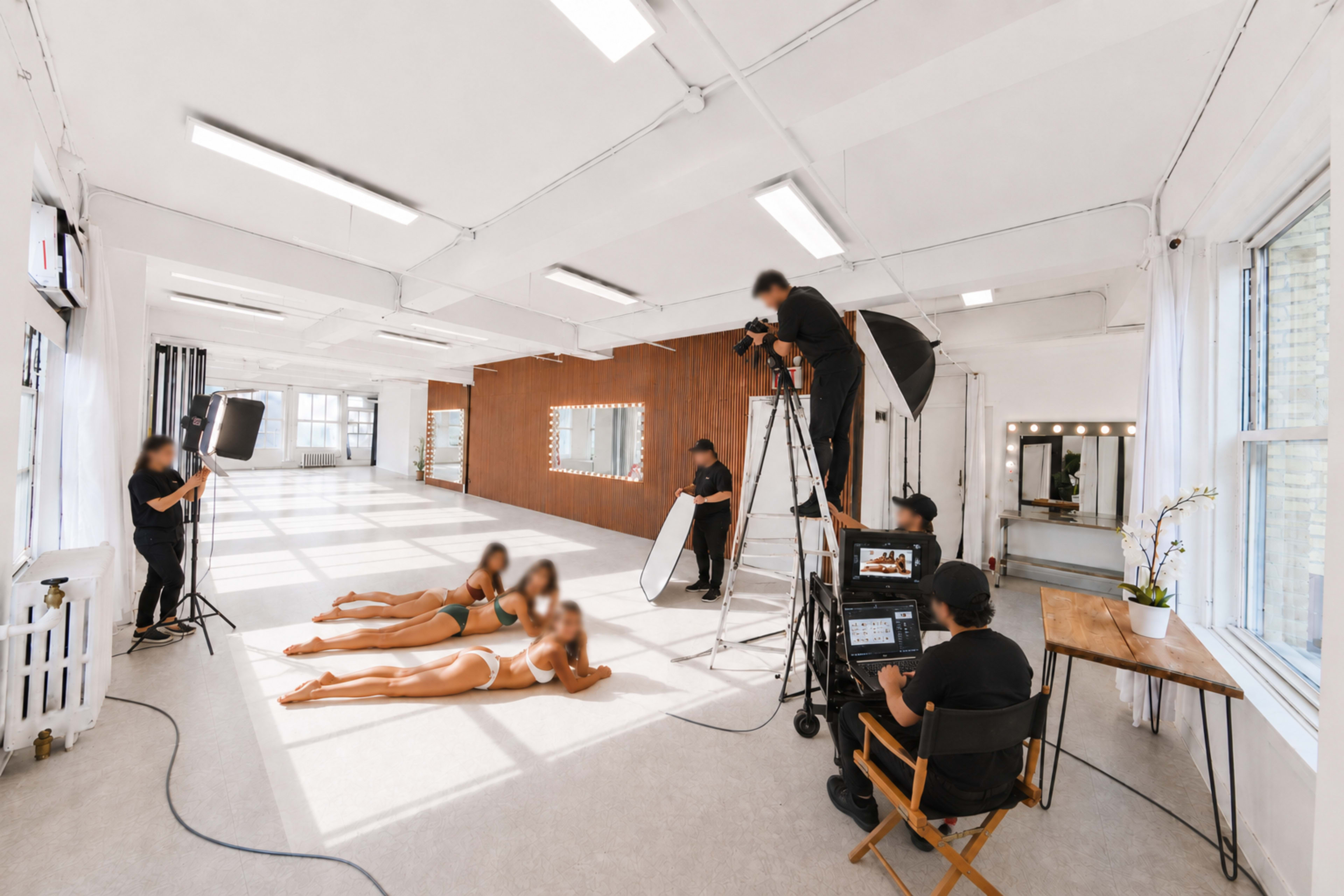 A photography studio features several people capturing images of two models posing on the floor, surrounded by various lighting equipment and a wooden backdrop.