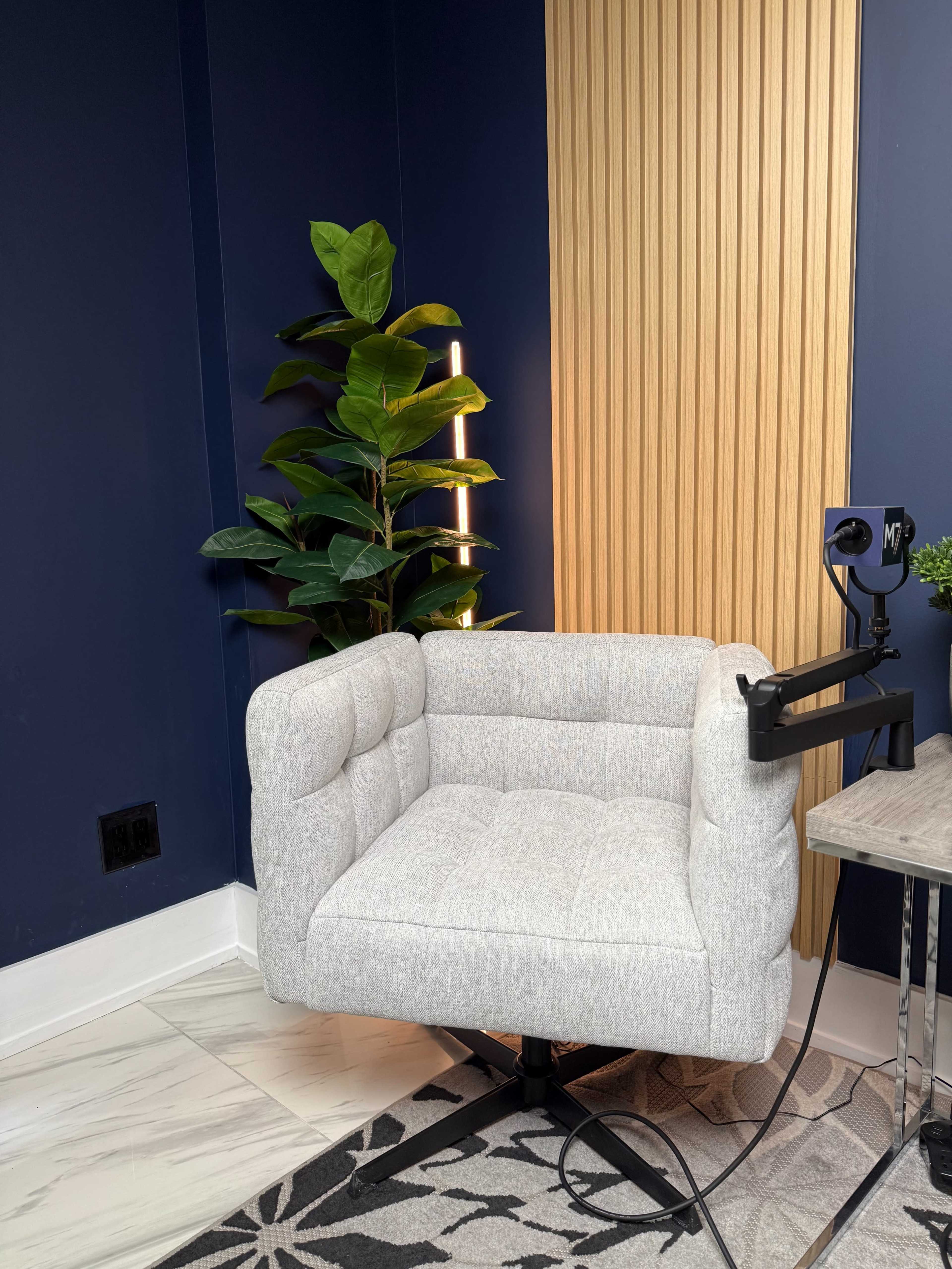 The image shows a light gray tufted chair beside a tall green plant and a wooden wall panel, with a camera mounted on an arm attached to a table.