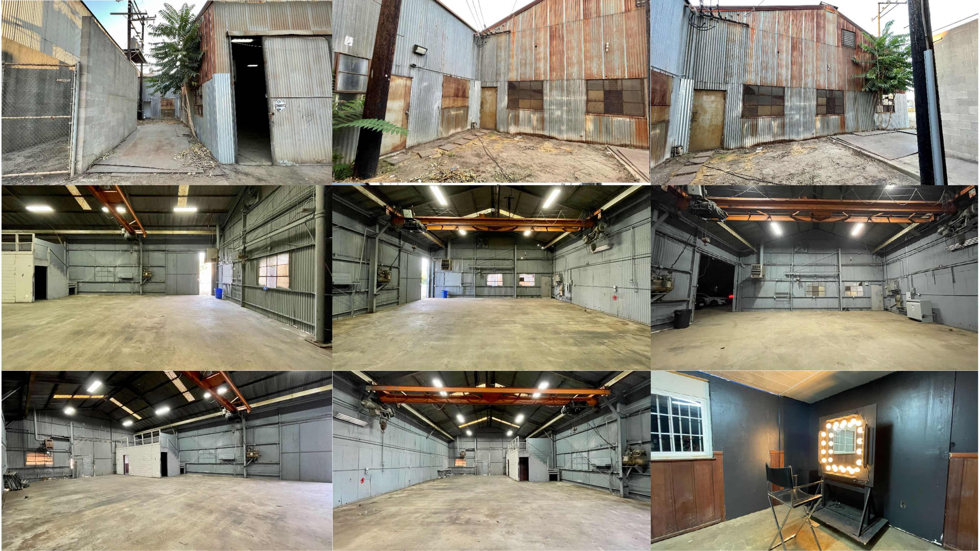 A series of warehouse spaces featuring industrial interiors, empty concrete floors, and metal walls in various perspectives.