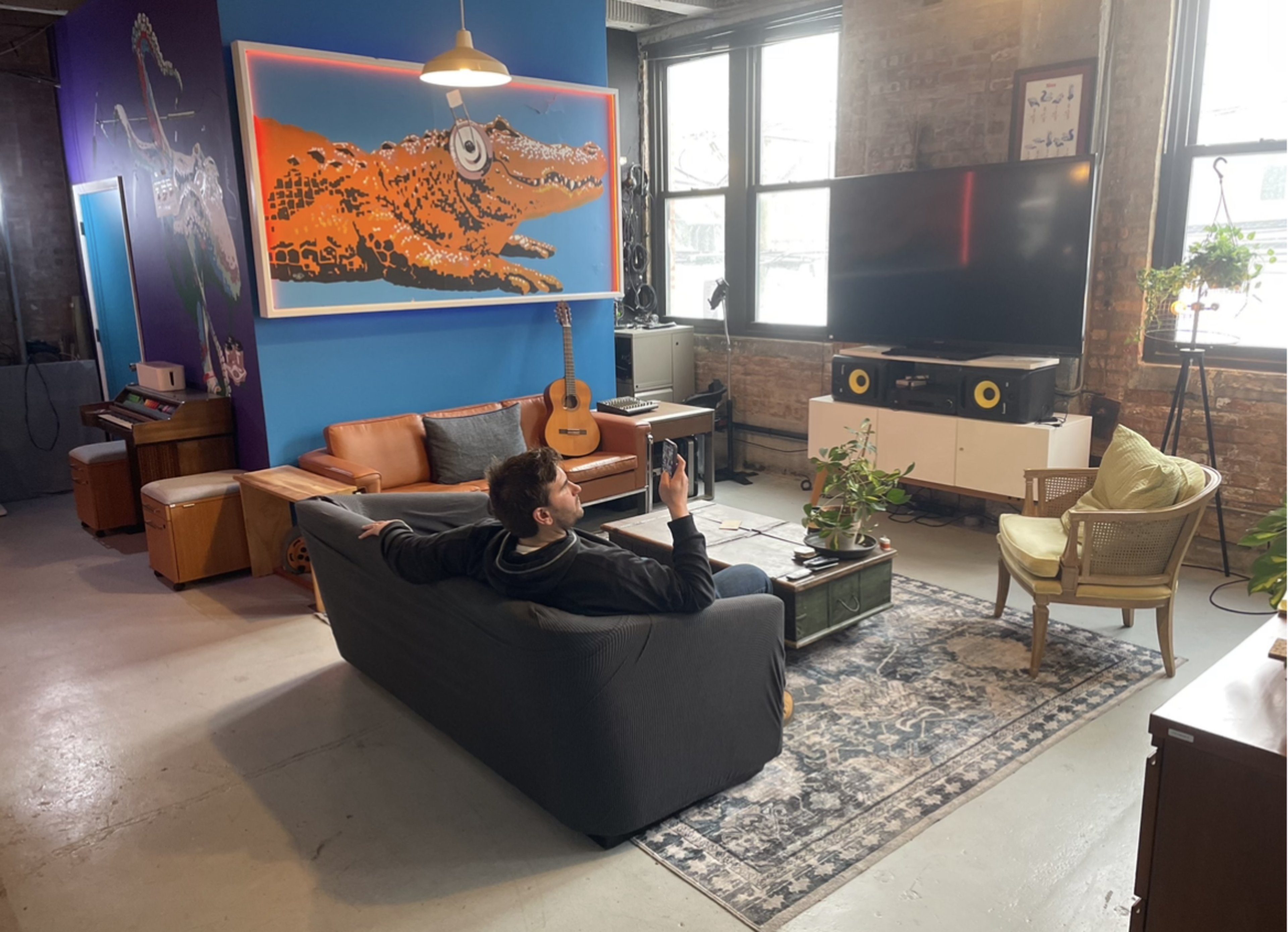A person sits on a couch in a modern loft-style living room featuring a large television, colorful artwork, and various plants.