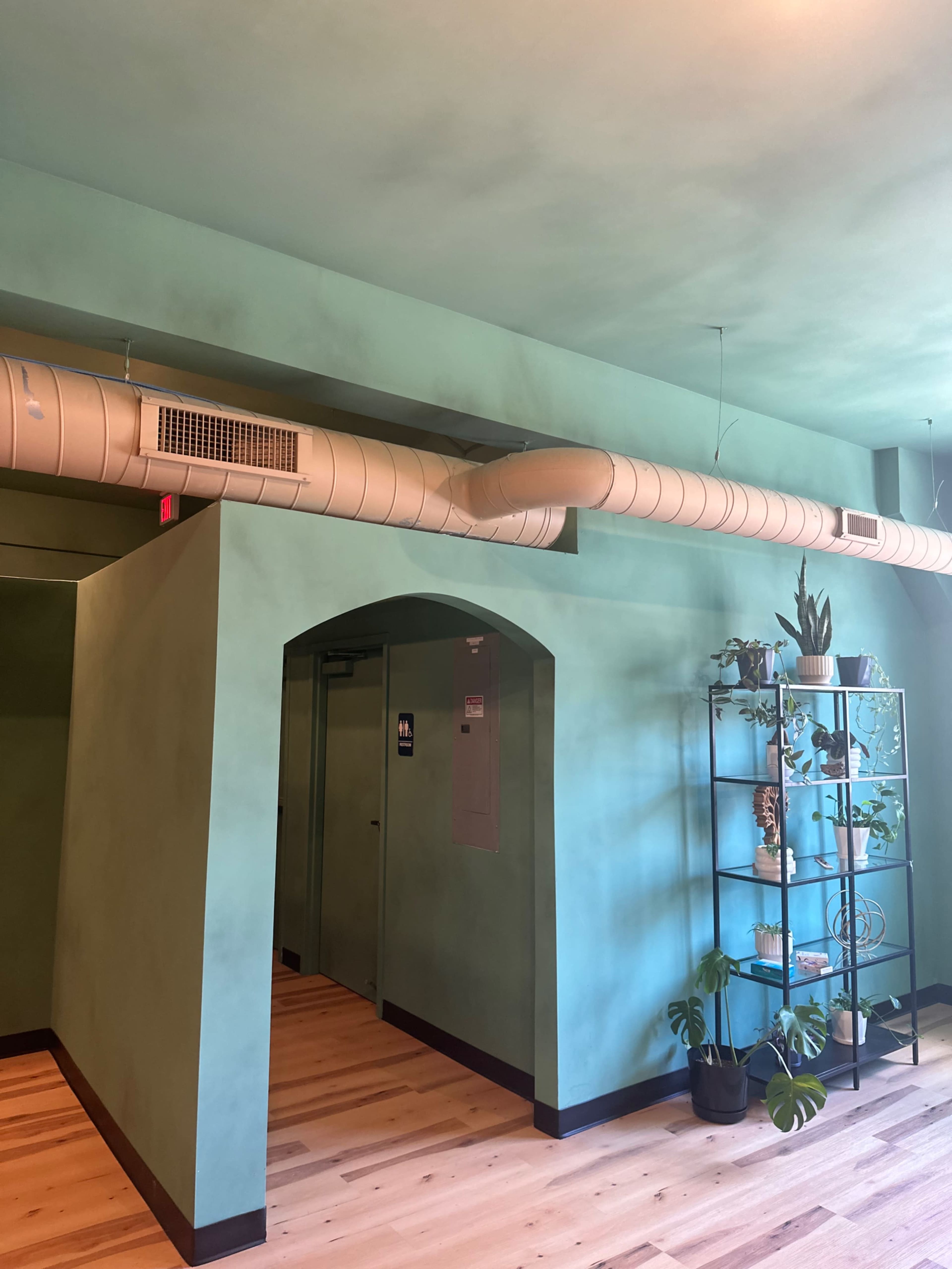 A room with teal-colored walls, a visible air duct overhead, an archway leading to a restroom, and a metal shelving unit with plants.
