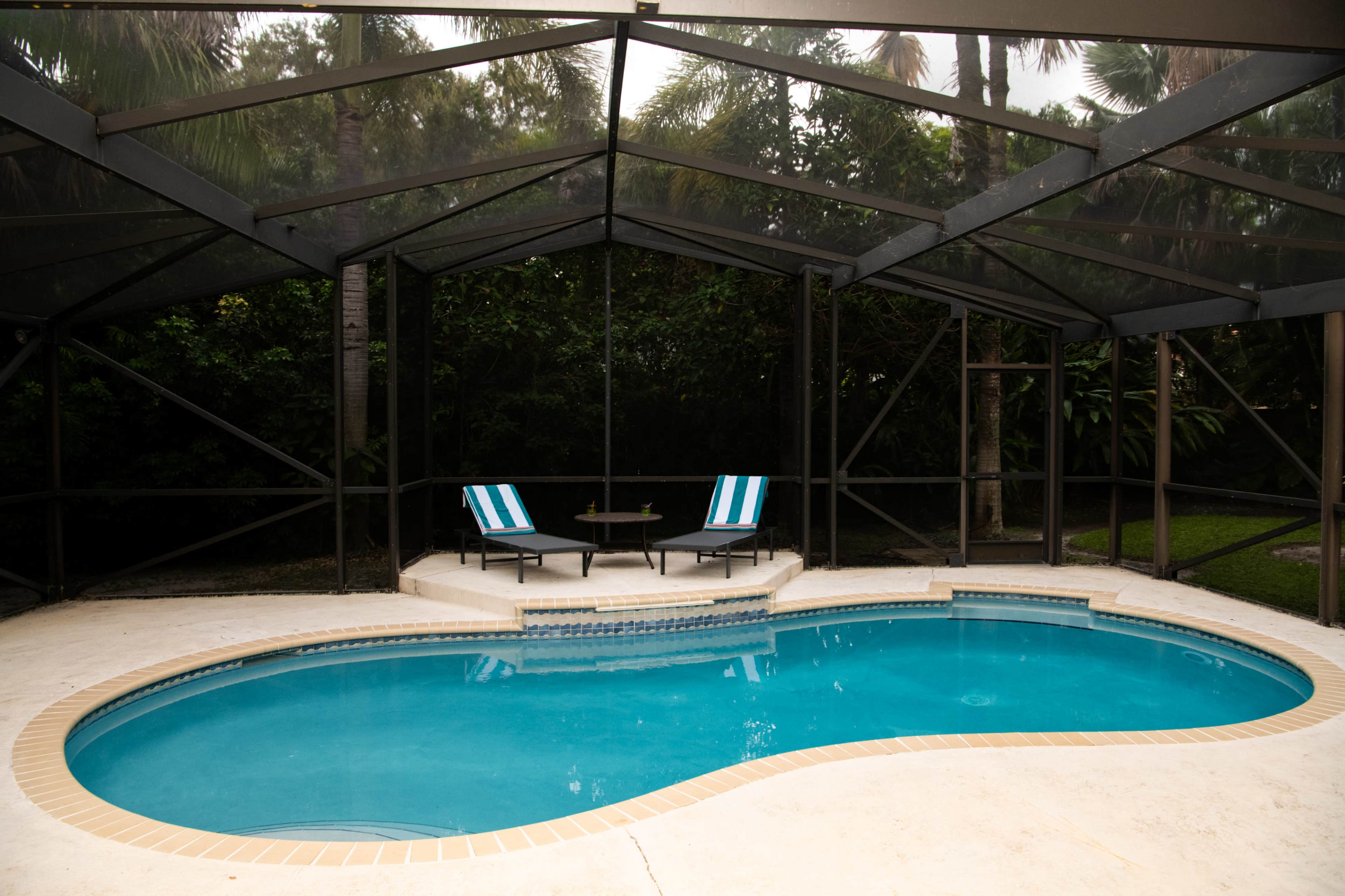 A screened-in swimming pool area features a curved pool surrounded by tropical greenery and two lounge chairs with blue and white stripes.