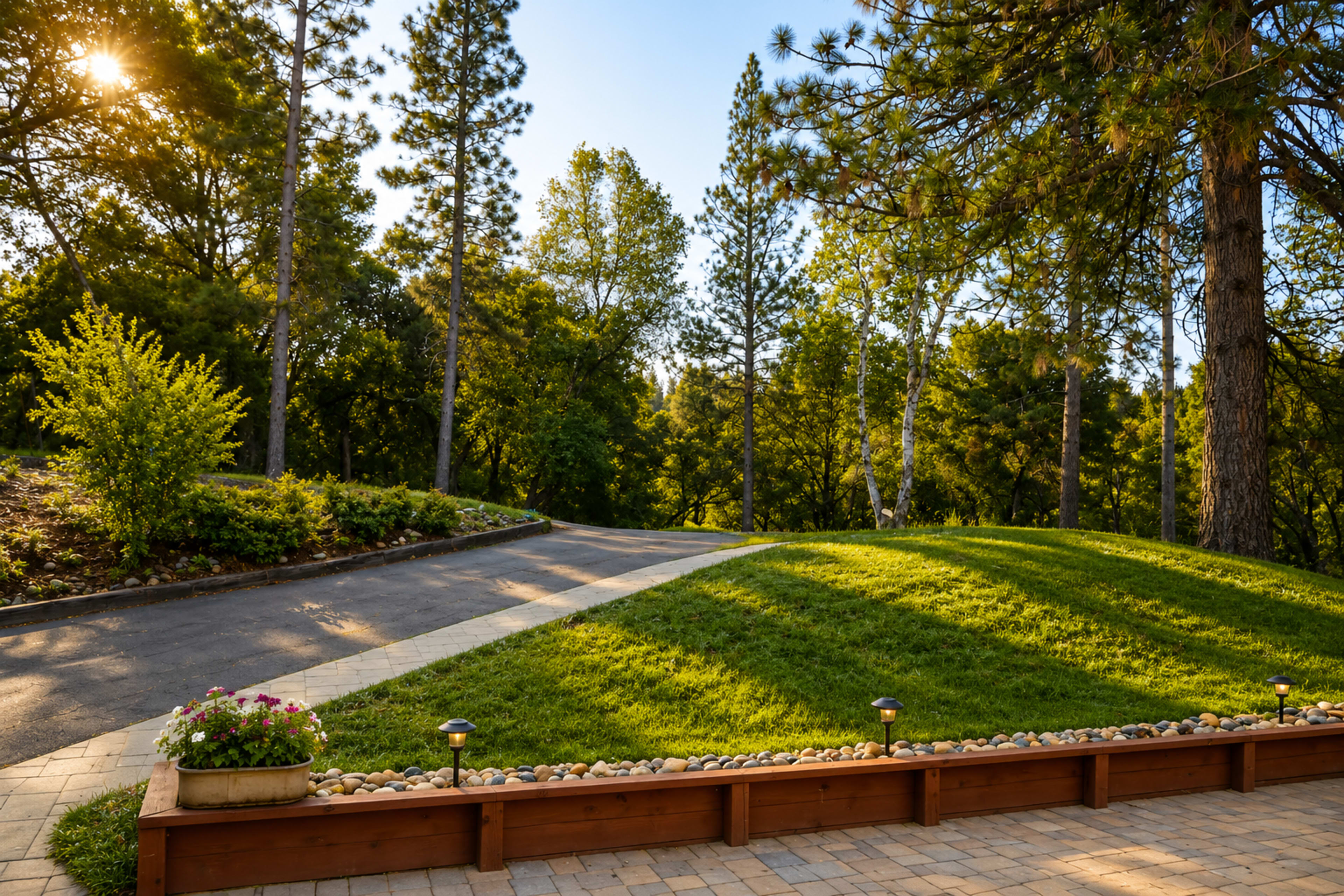 A winding driveway leads through a green landscape surrounded by tall trees under a clear sky.
