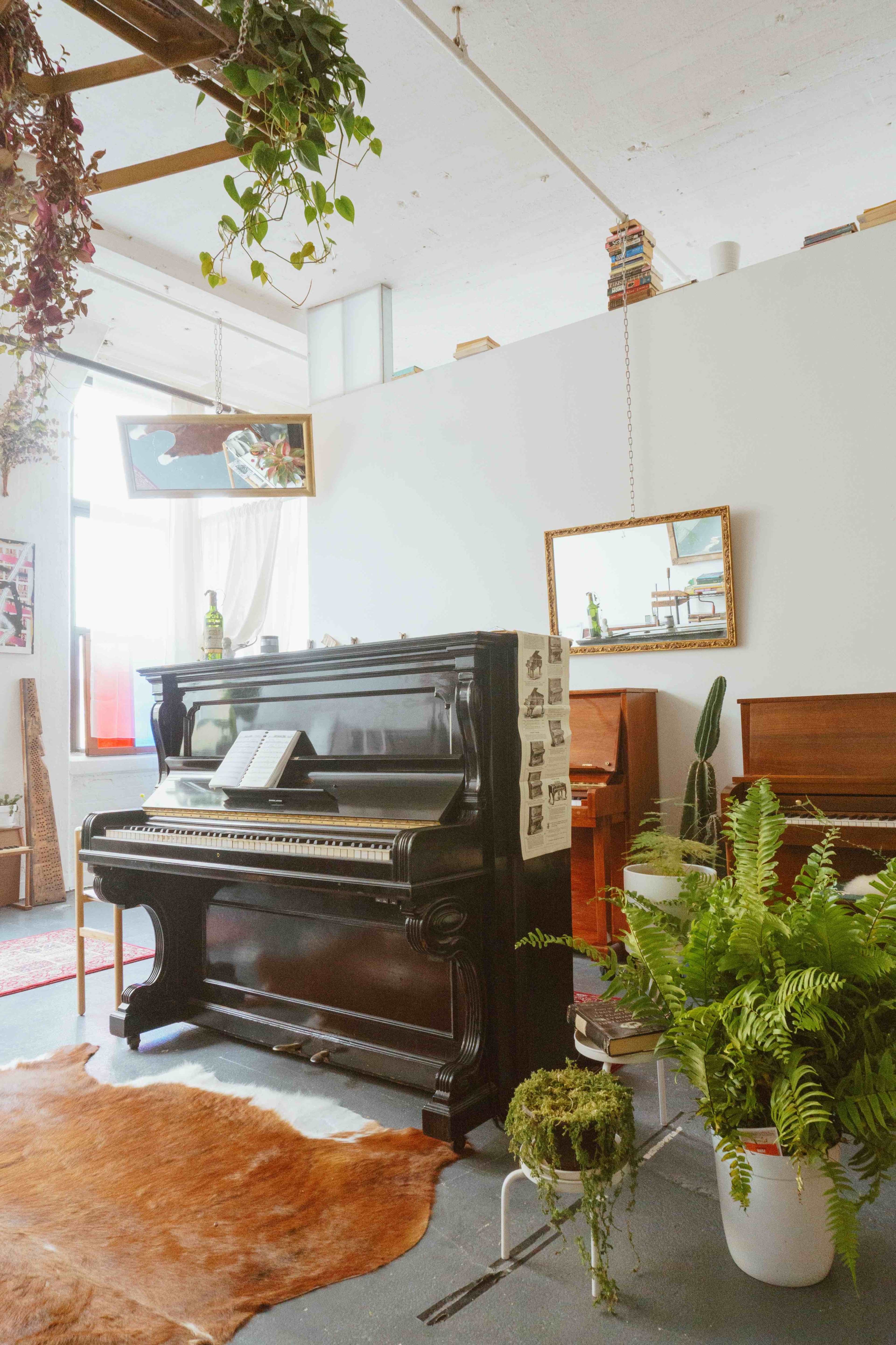 A cozy room featuring a black piano surrounded by potted plants, a mirror, and various pieces of furniture.