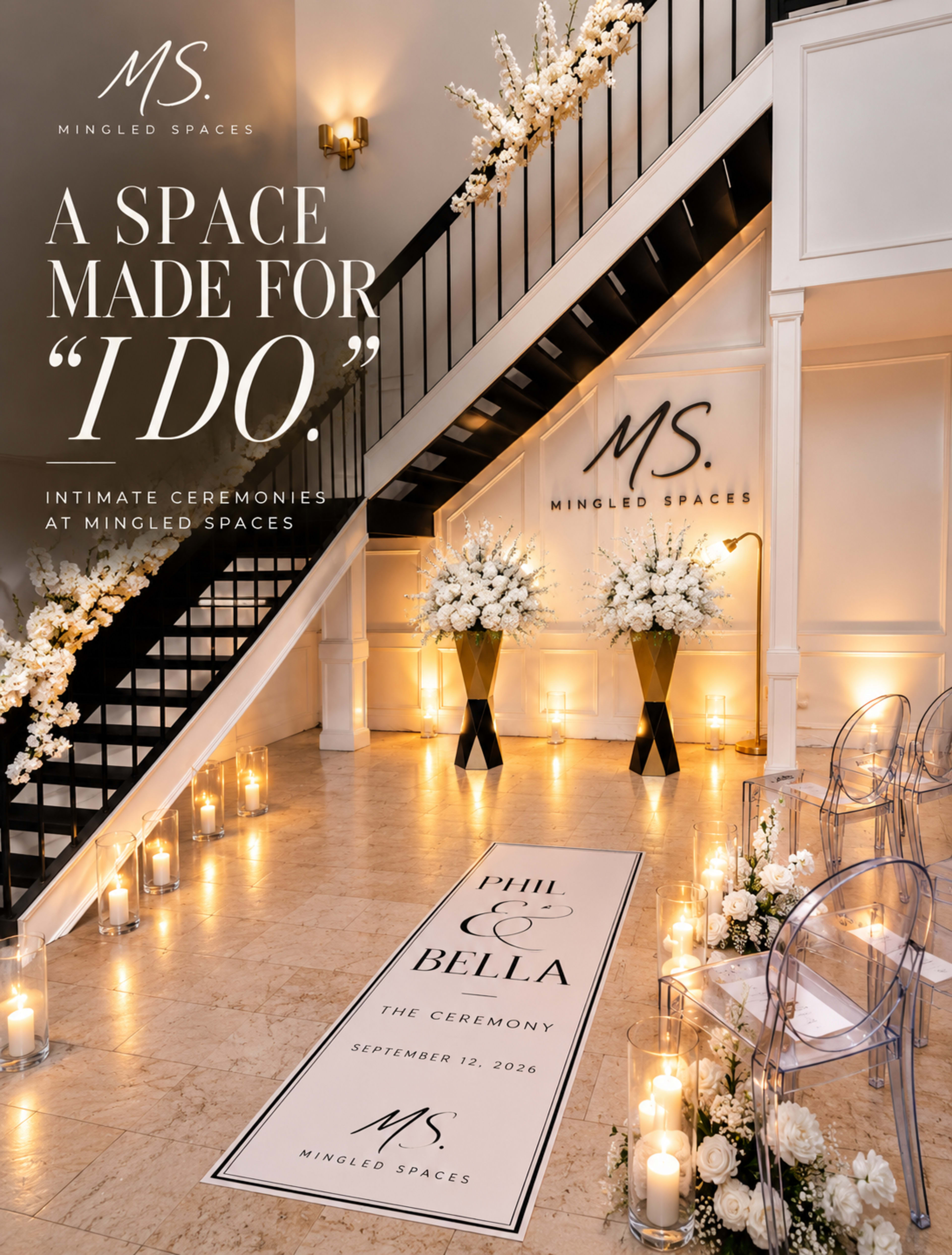 The image features a beautifully arranged indoor venue with a staircase, decorative floral arrangements, and a ceremony aisle marked with the names Phil and Bella, along with the date September 13, 2026.