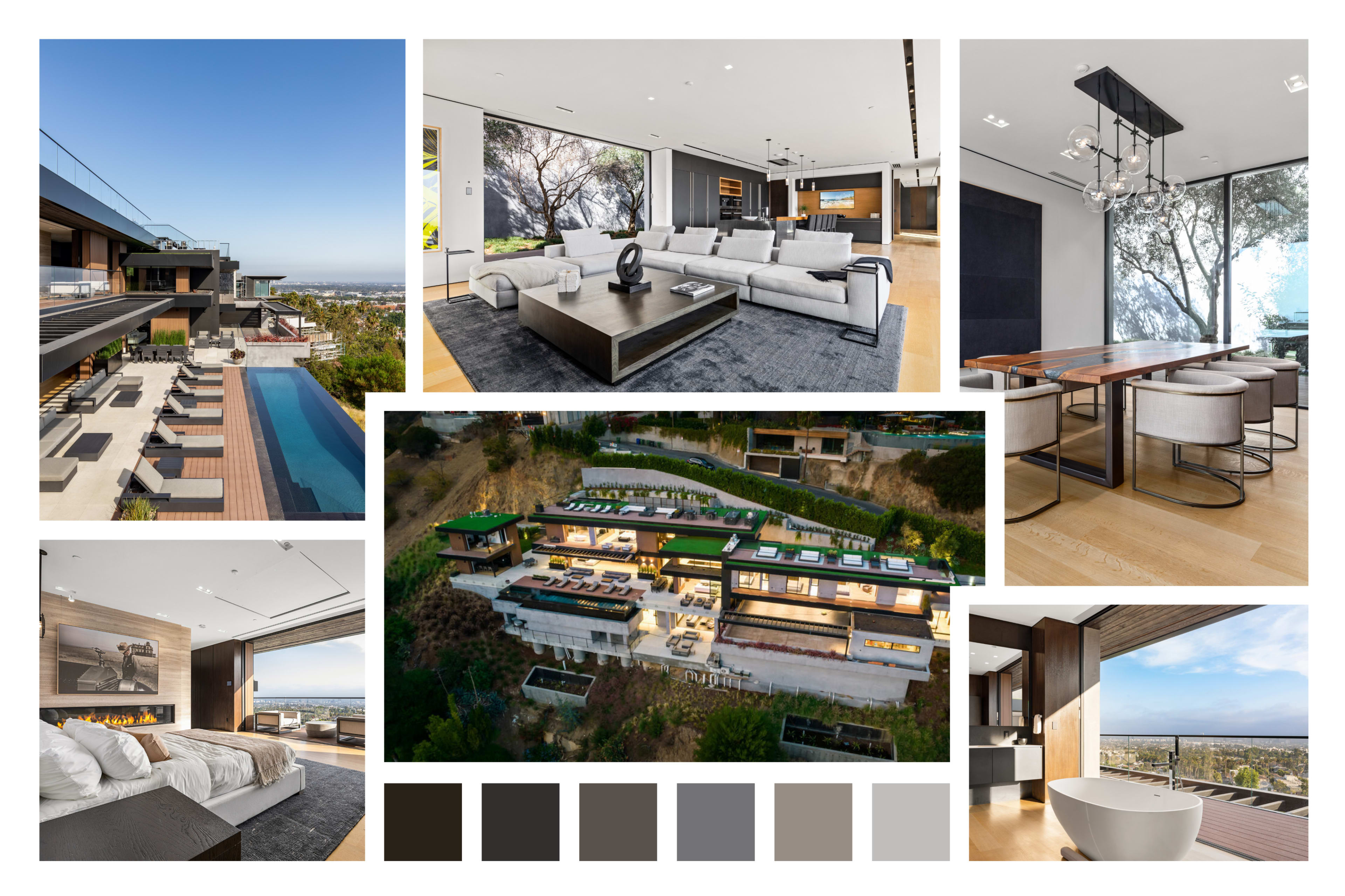 The image showcases a modern luxury home with multiple views, including an outdoor pool, elegant interior spaces, and scenic surroundings.