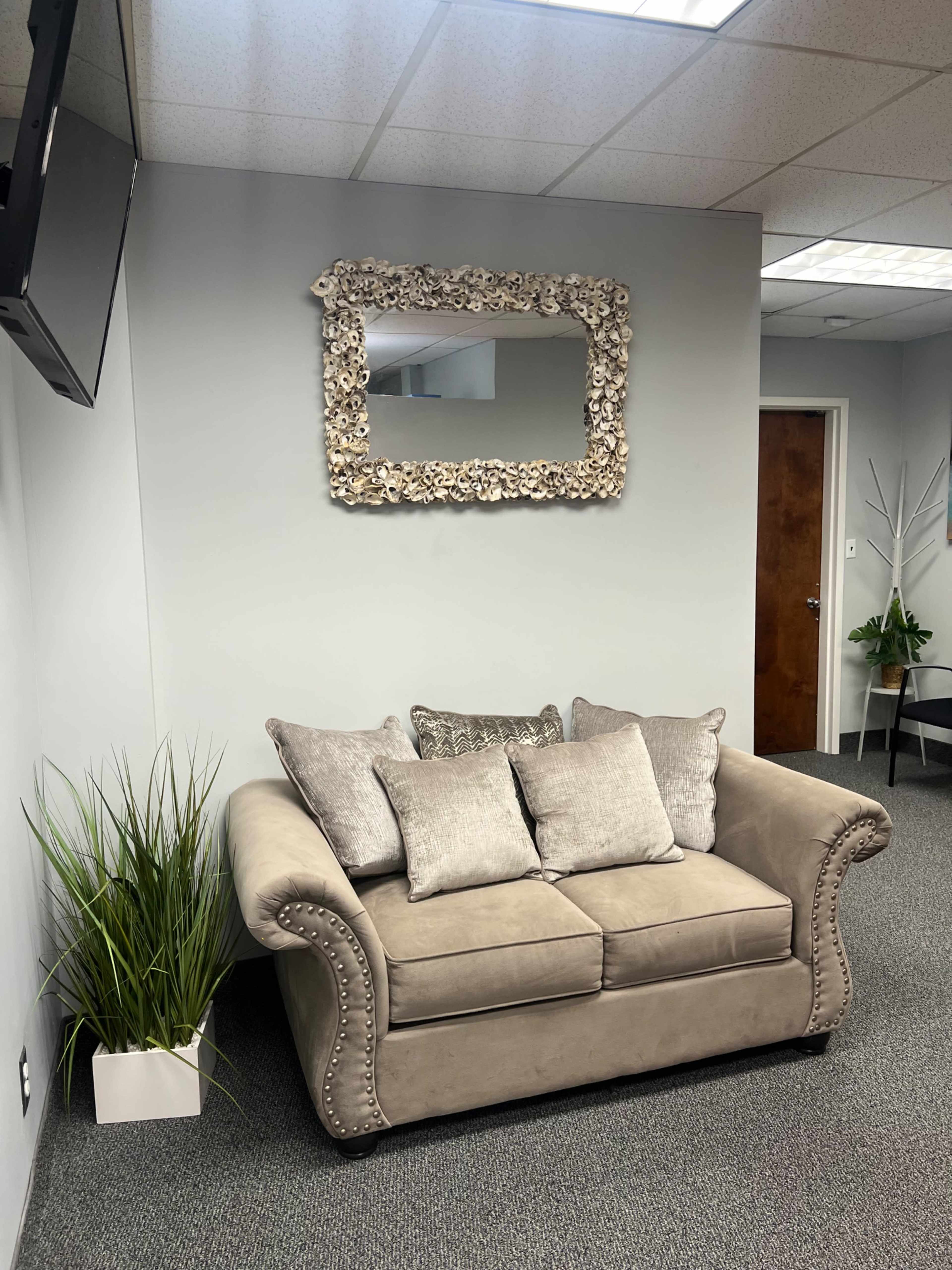 The image shows a beige couch with decorative pillows positioned against a gray wall, featuring a textured mirror above it and a small potted plant nearby.