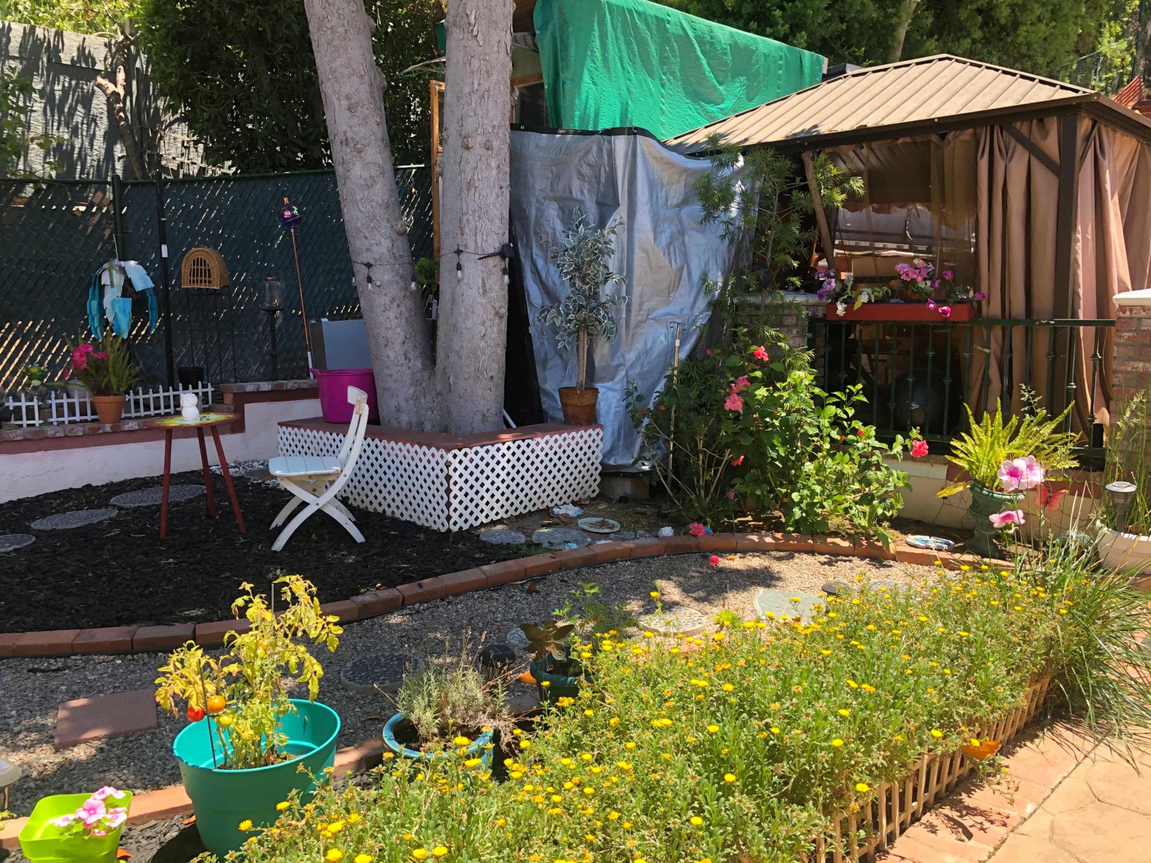 A landscaped garden area with a gravel path, colorful flower pots, and a gazebo surrounded by trees and a green tarp.