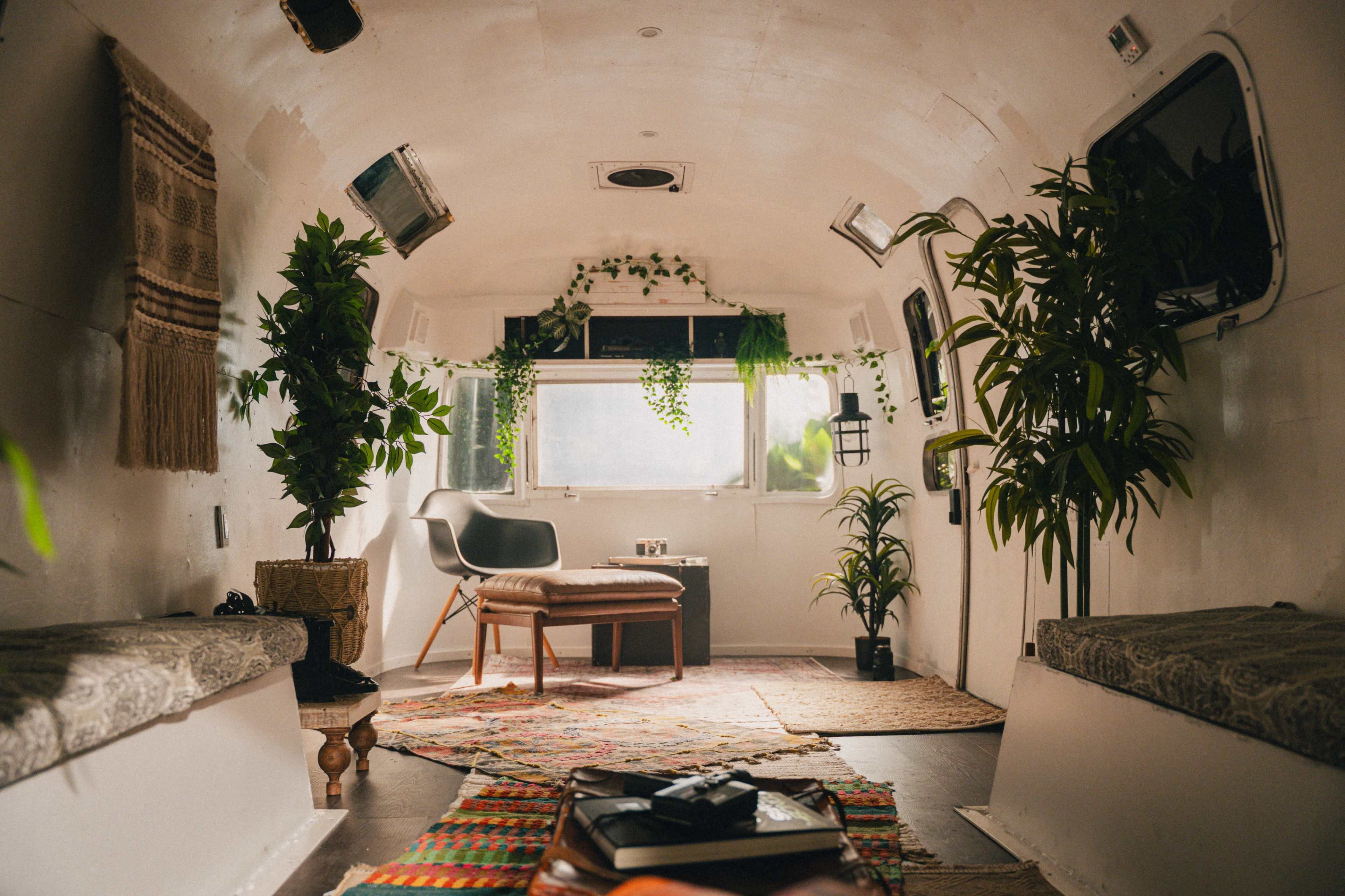 The interior of a renovated trailer features greenery, a small table, and seating areas, creating a cozy and minimalistic space.