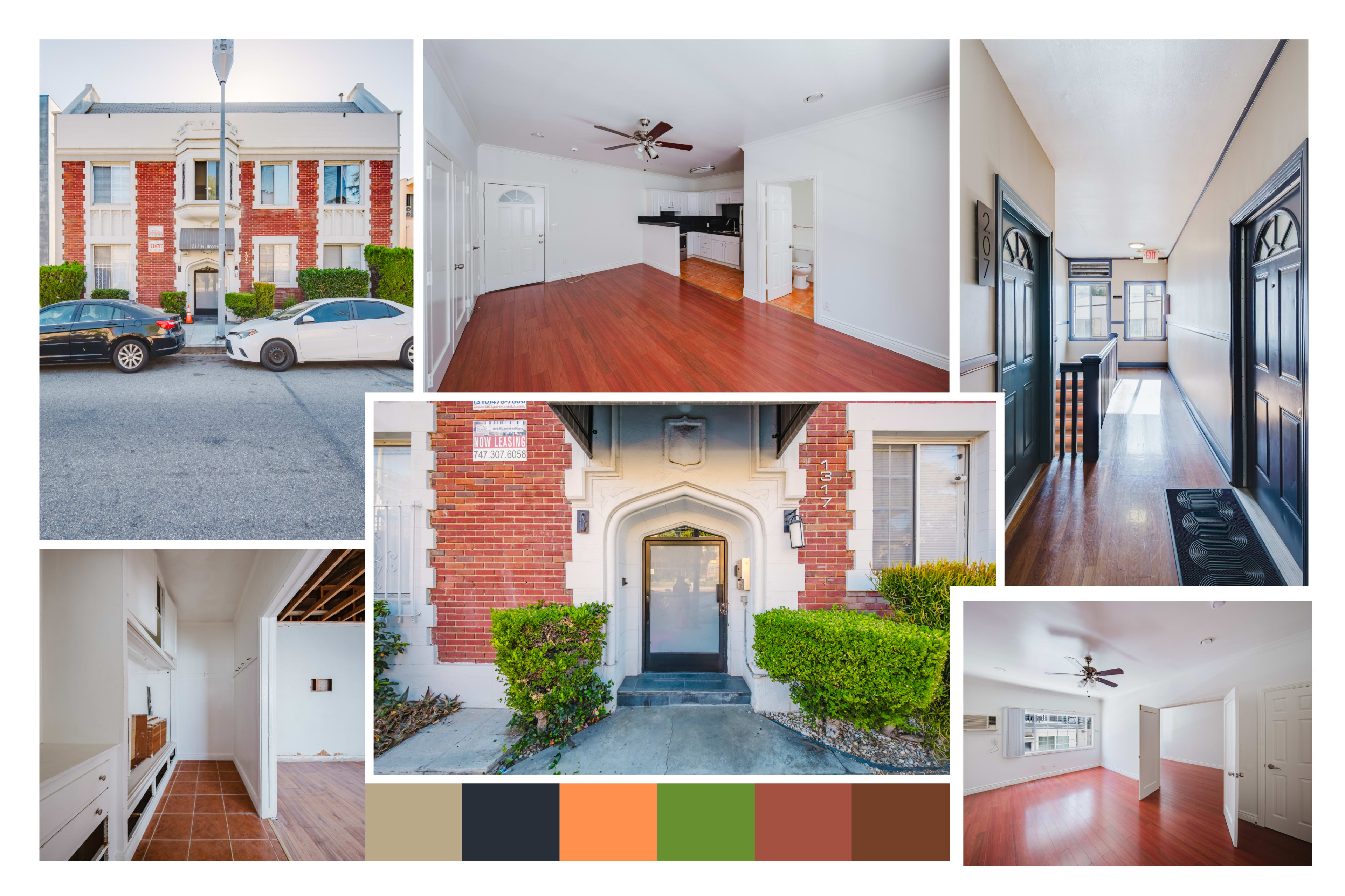 The image displays a collage of a residential building's exterior and interior, featuring a living area, kitchen, hallway, and entrance.
