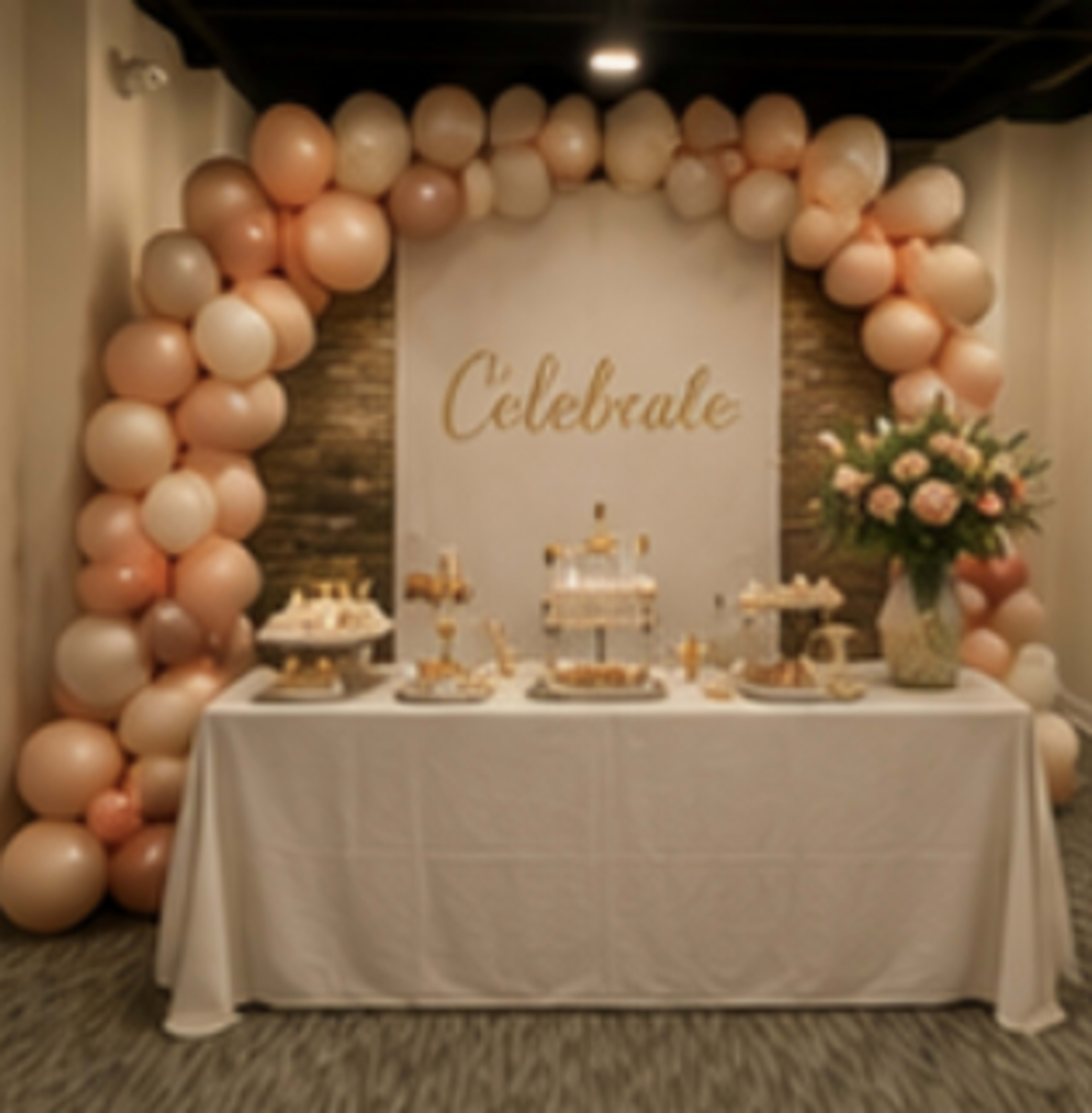 The image features a decorated event space with a table displaying desserts and a backdrop of balloons in soft colors, accompanied by a floral arrangement.