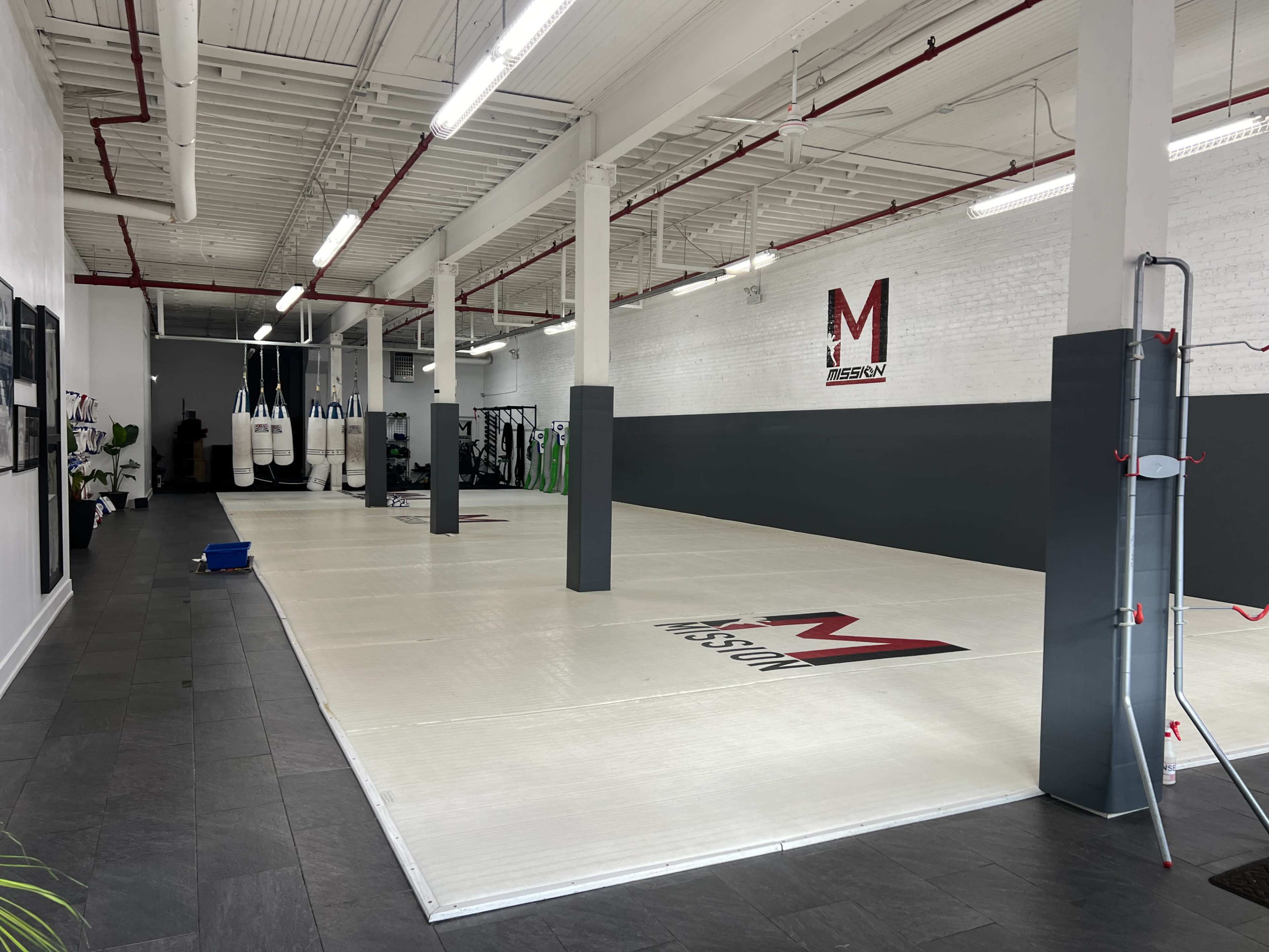 A spacious, modern training facility with padded flooring, exercise equipment, and boxing bags hanging on the walls.
