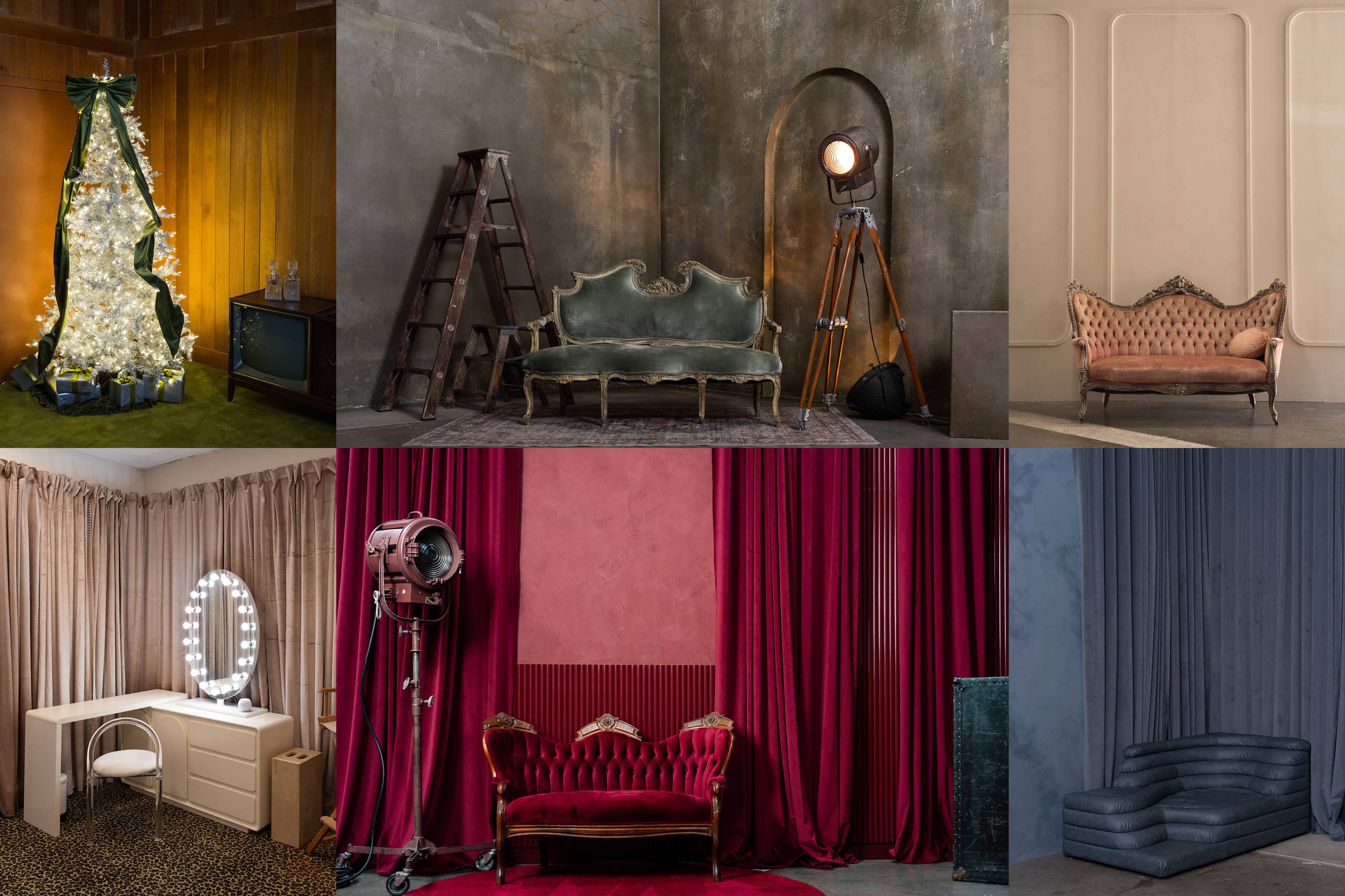 The image displays six different interior scenes featuring various seating arrangements, lighting fixtures, and decorative backgrounds, including a Christmas tree, vintage couches, and stage lighting elements.