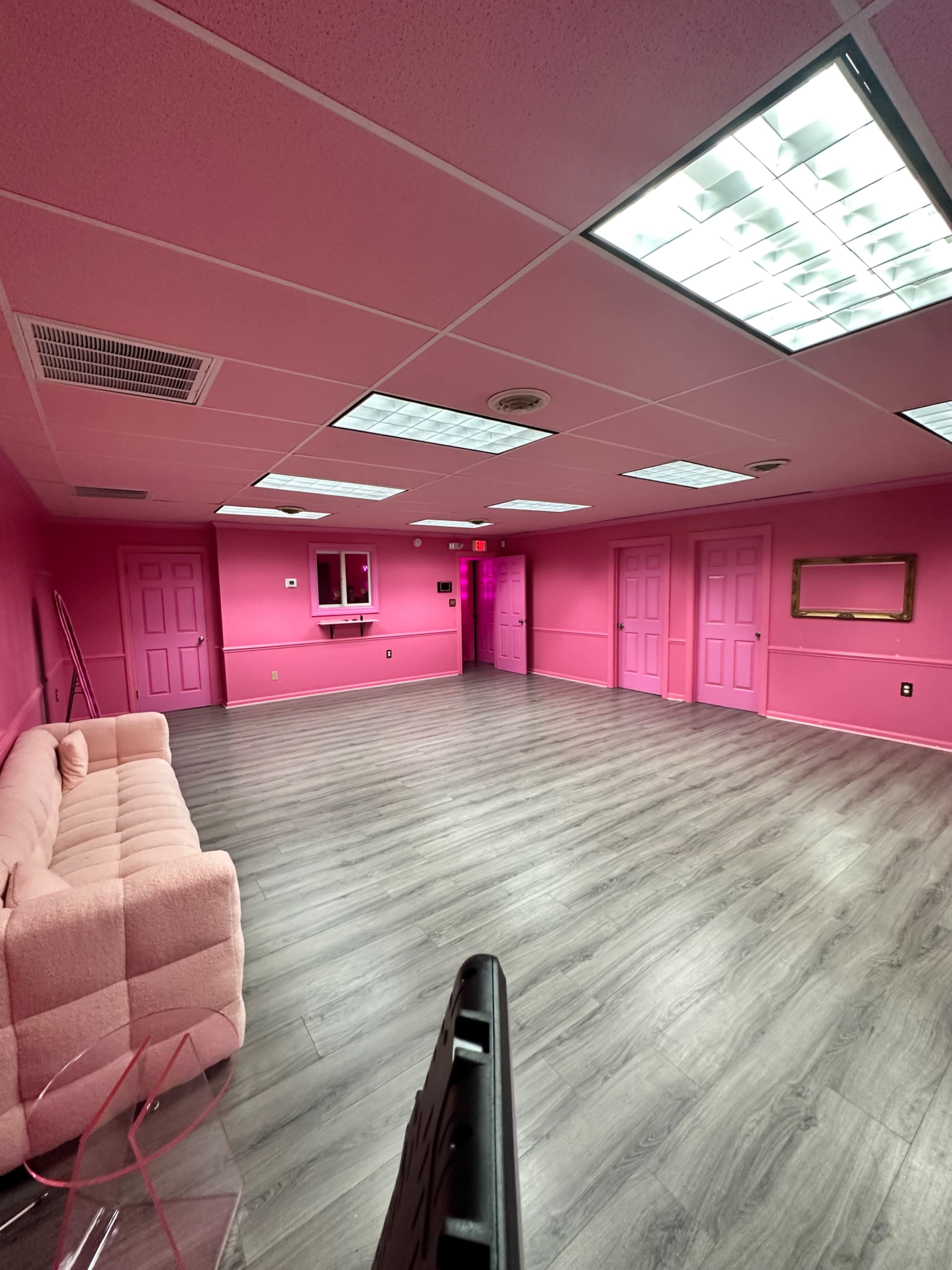 The image shows a pink room with a couch, wooden flooring, and multiple doors.