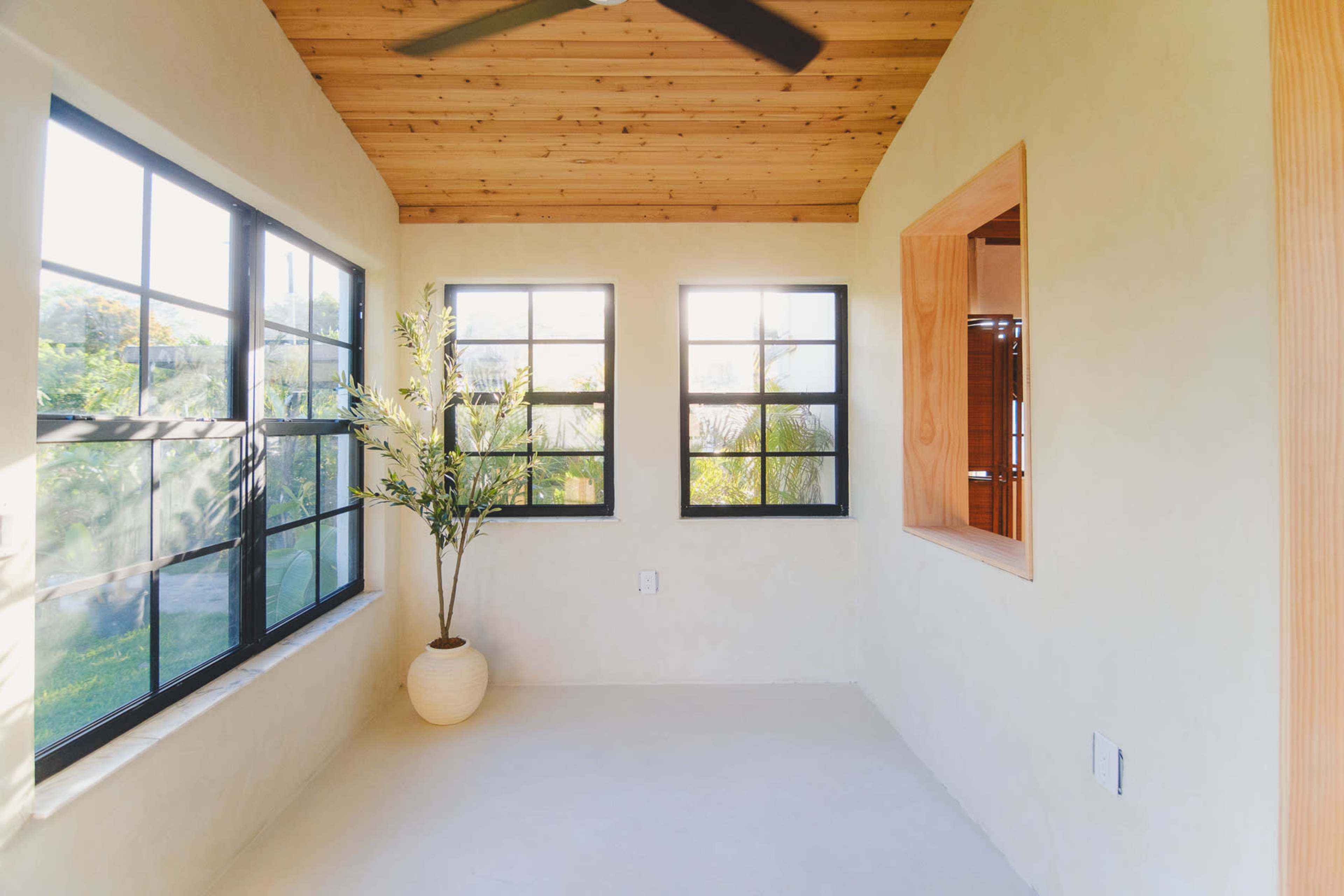 The image shows a minimalistic room with wooden beams on the ceiling, large windows letting in natural light, and a potted plant in one corner.