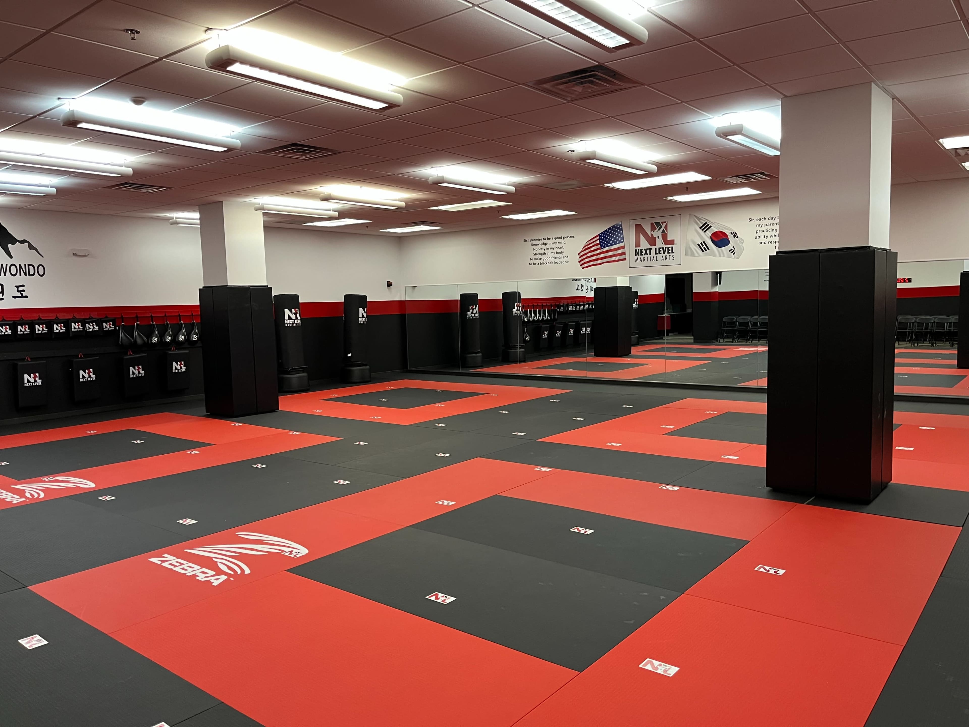 The image shows a spacious martial arts training studio with red and black mats, padded pillars, and a mirrored wall.