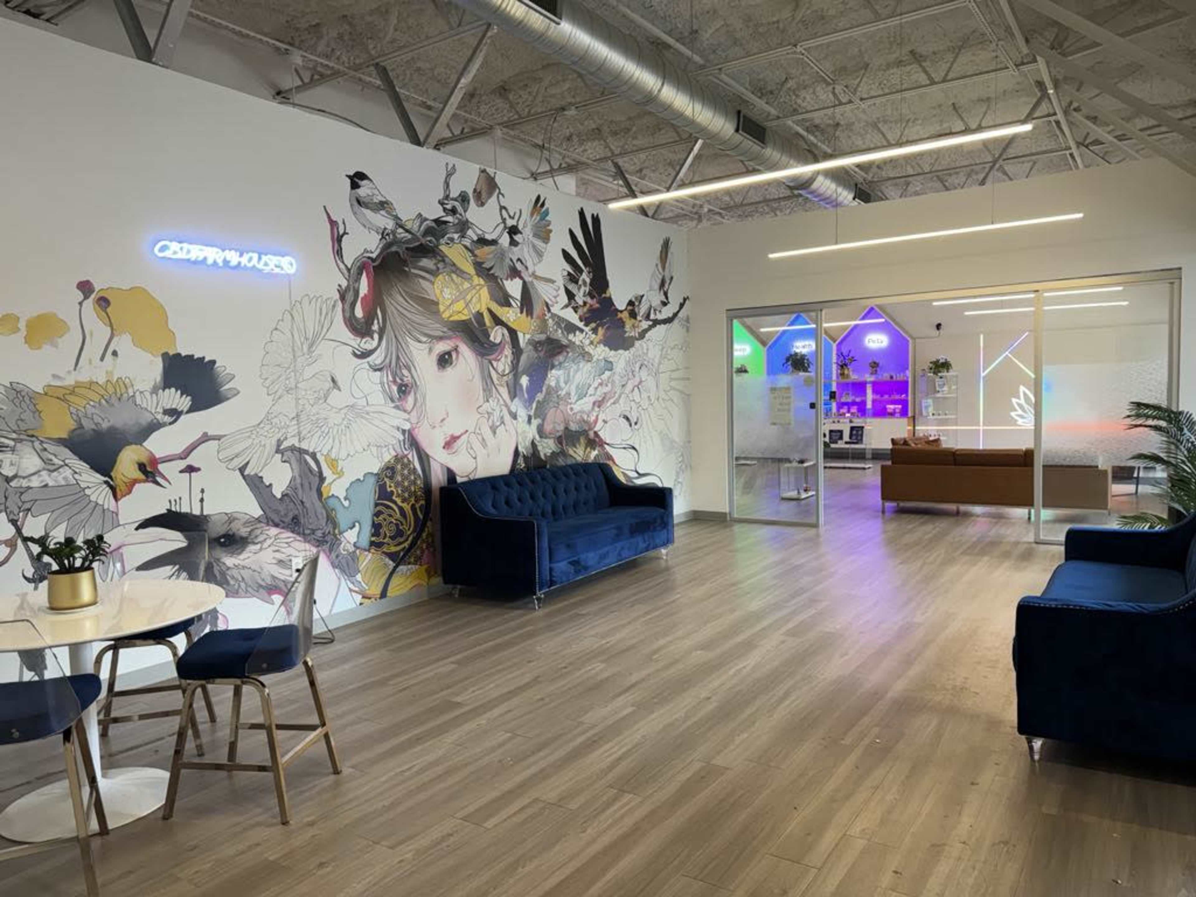 A modern office space featuring a mural of a girl surrounded by birds, with two blue sofas, a round table, and glass walls leading to another area illuminated in colorful lights.