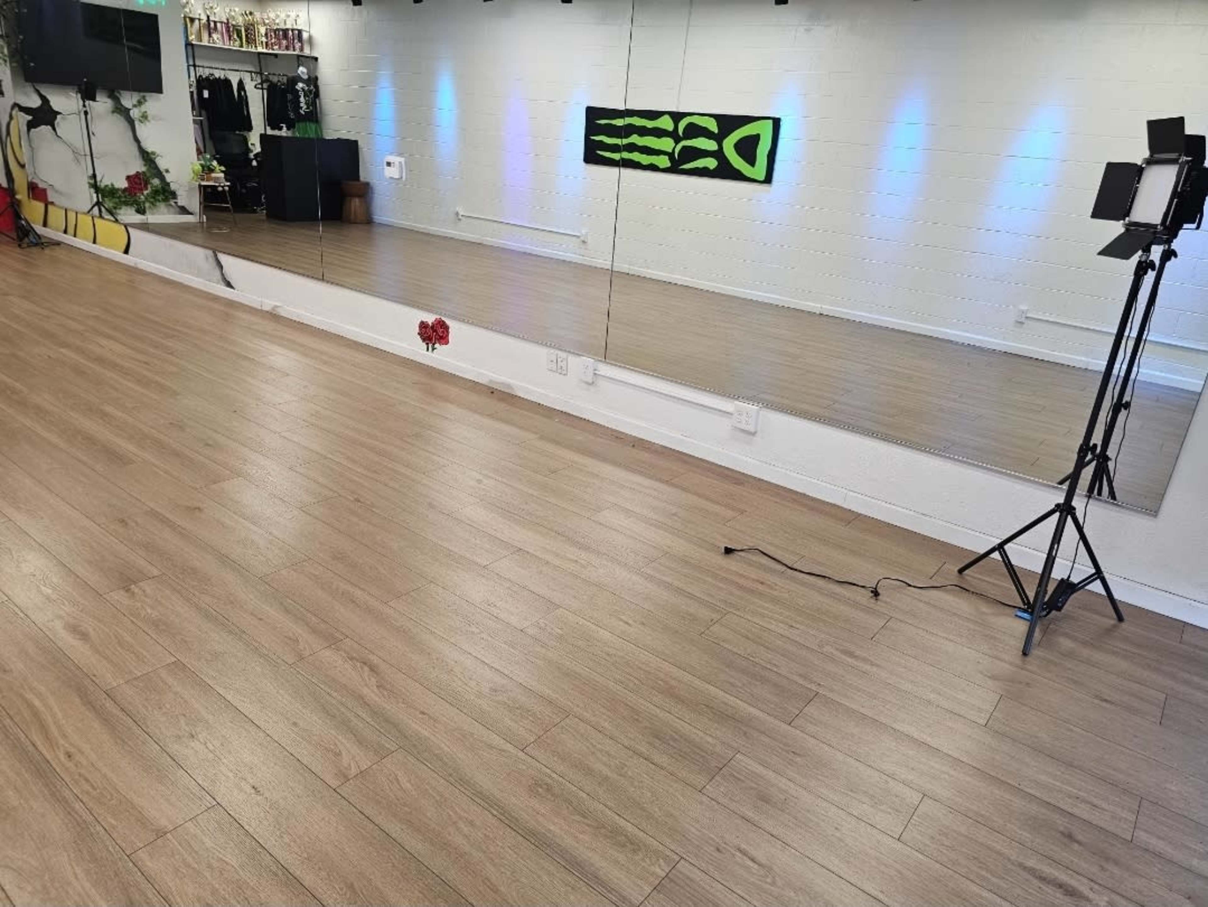 The image shows a dance studio with wooden flooring, a large mirrored wall, and modern lighting fixtures.