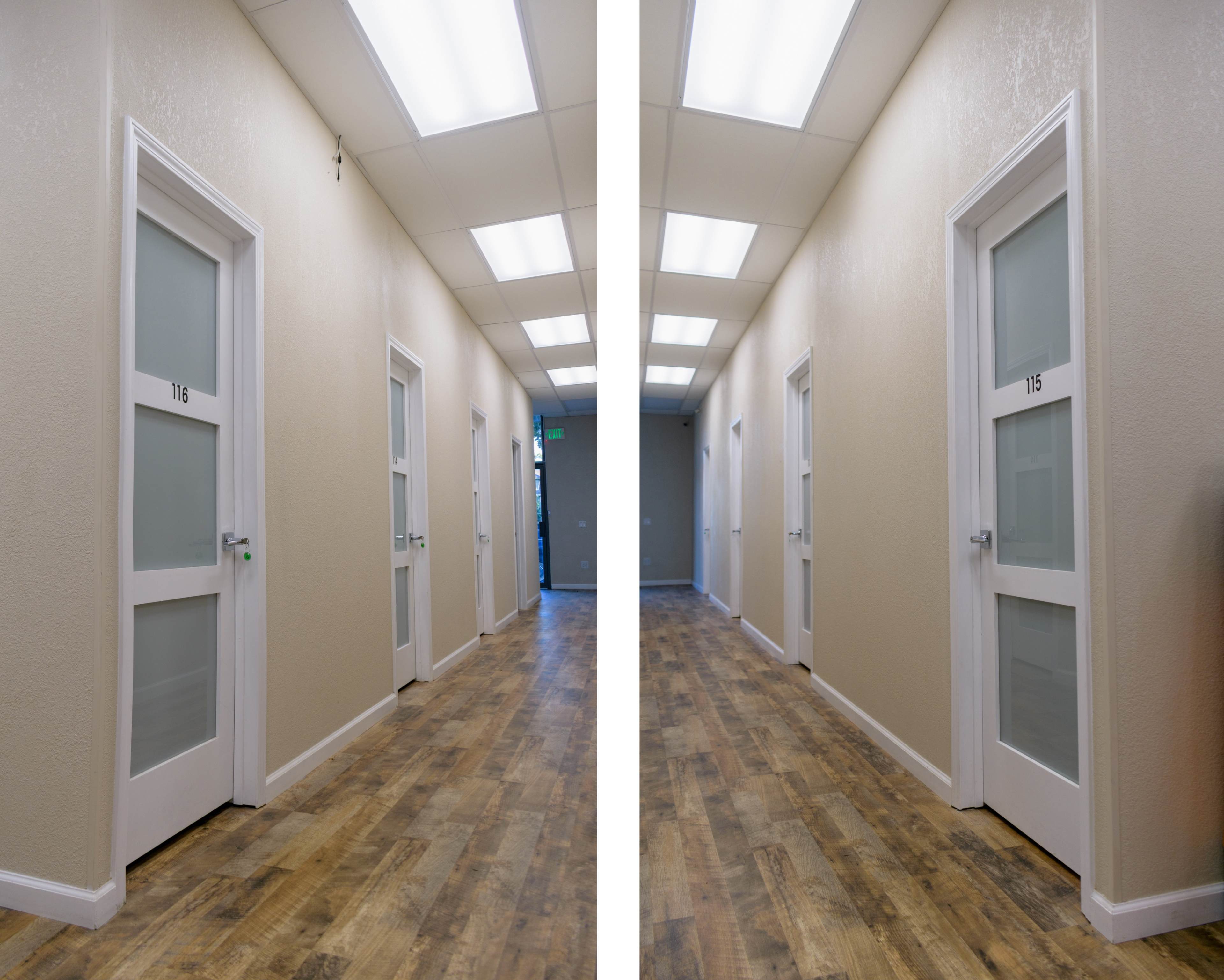 The image shows a well-lit hallway with two doors labeled "116" on either side, leading to a light-colored room at the end.