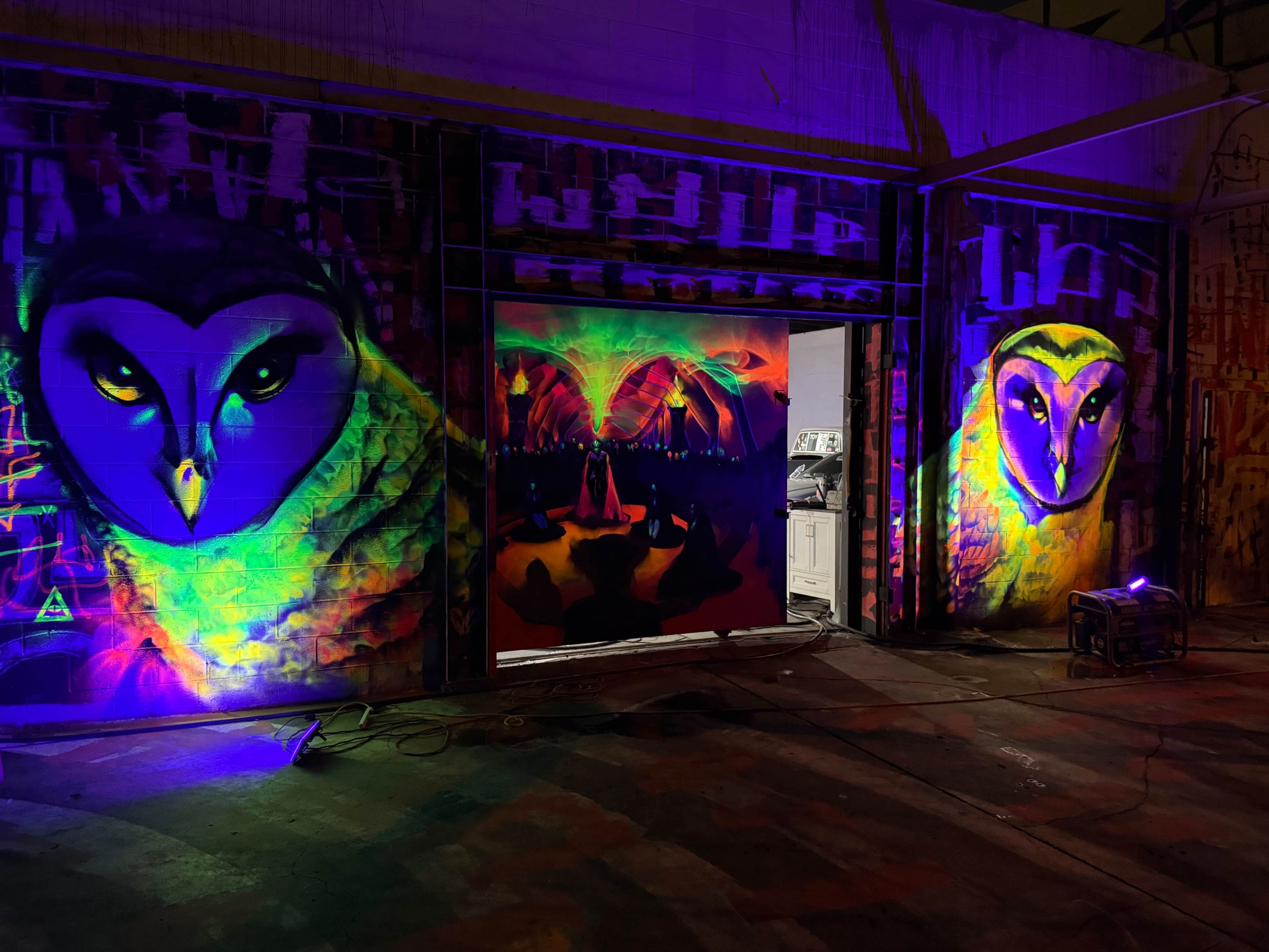 A vibrant mural depicting two owls with striking colors surrounds an open doorway, leading into a shadowy interior space.