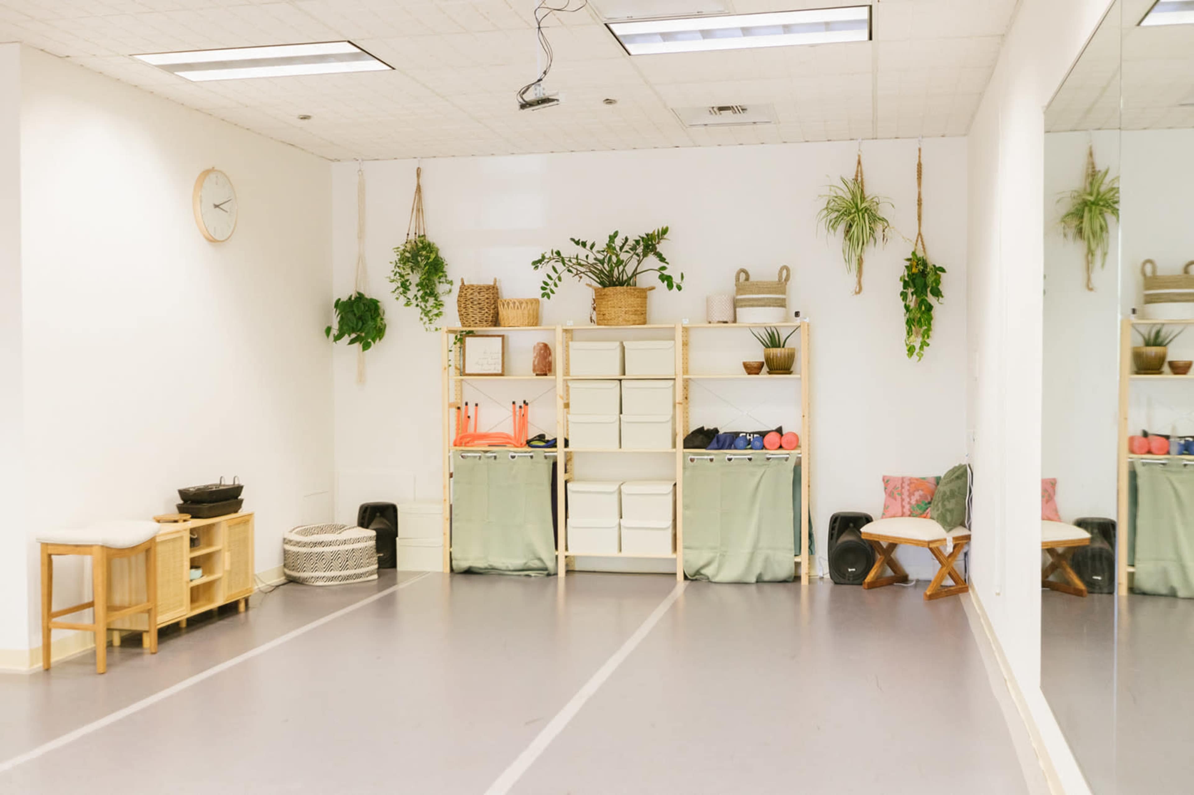 A clean studio space with a mirrored wall, organized shelving with storage boxes, plants, and wooden furniture.