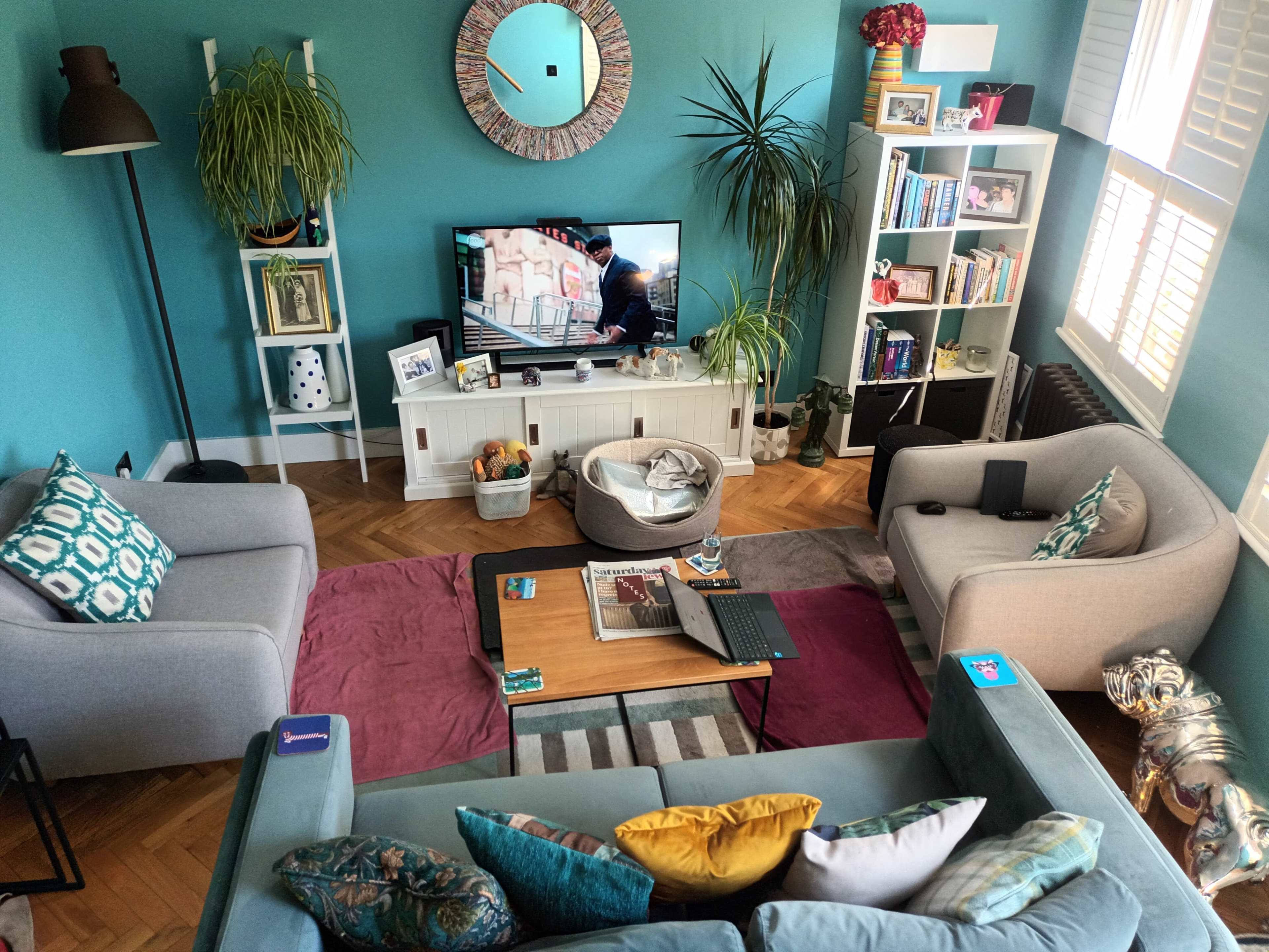 A brightly colored living room features a television on a white stand, surrounded by two gray sofas, a coffee table, and decorative plants.