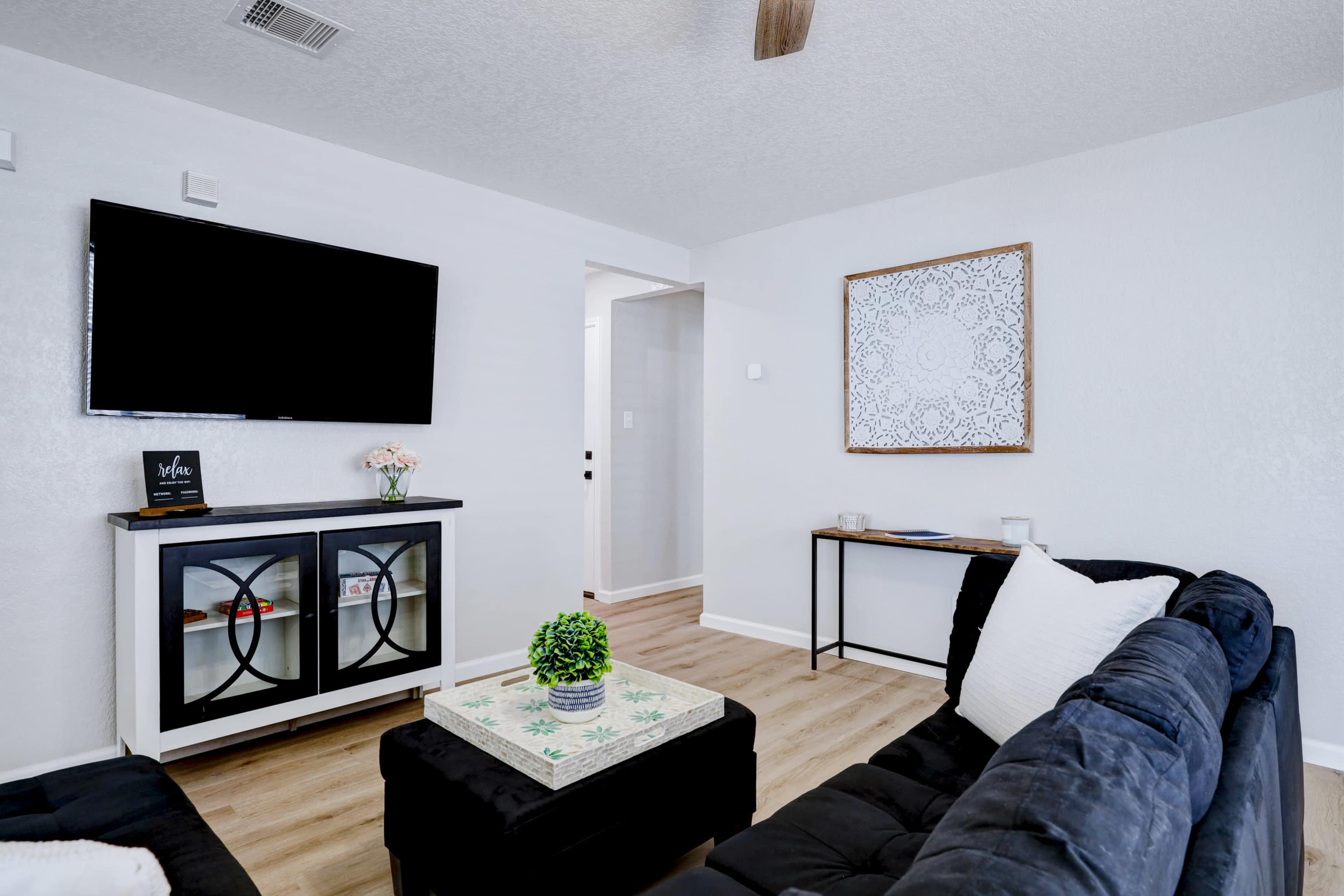 The room features a black couch, a coffee table with a decorative plant, and a wall-mounted television above a side cabinet.