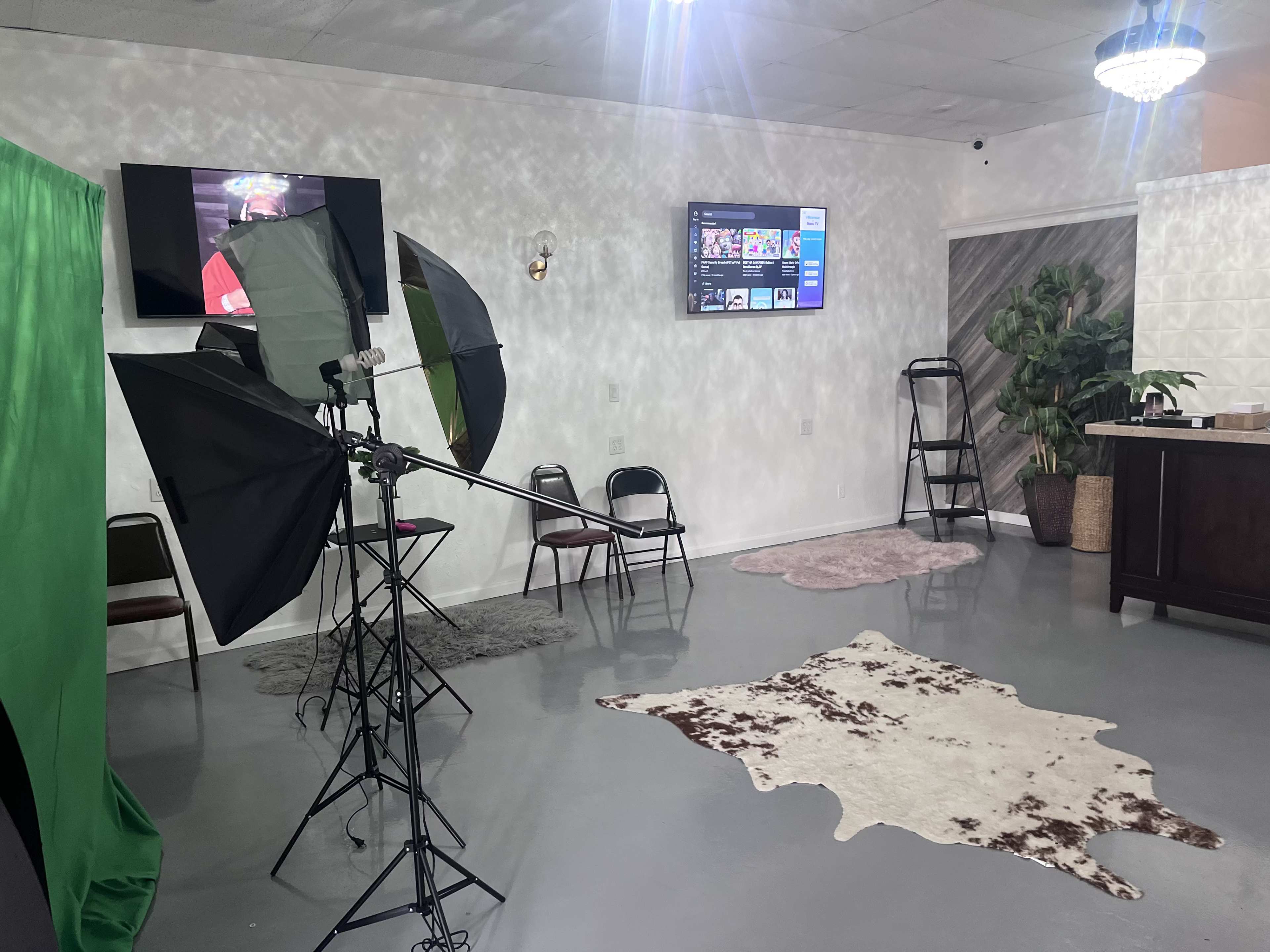 A photo studio setup with a green screen, lighting equipment, a television display, and various decorative elements like rugs and plants.