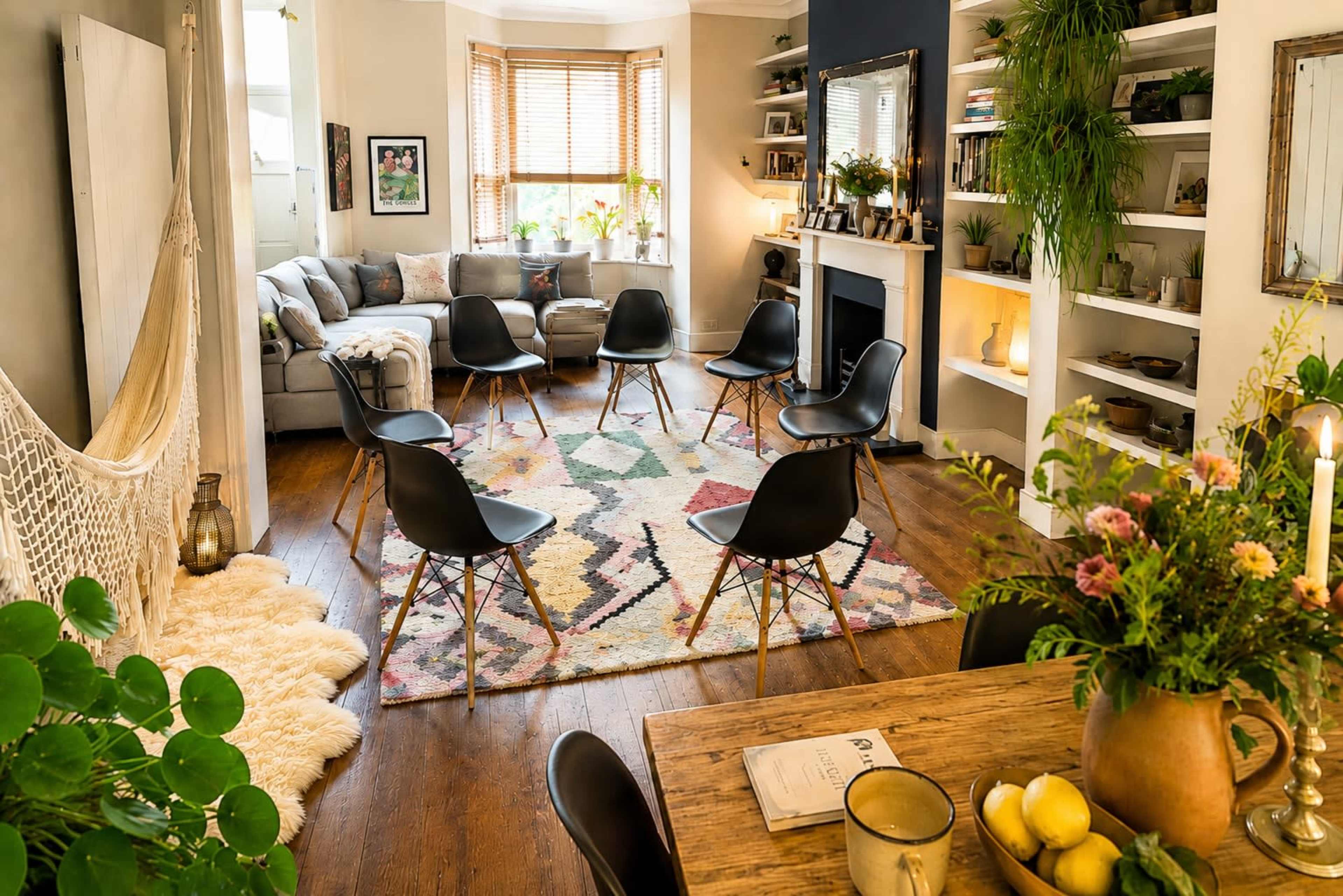 A cozy living room features a central area with six black chairs arranged in a circle on a decorative rug, surrounded by plants and illuminated by natural light from the windows.