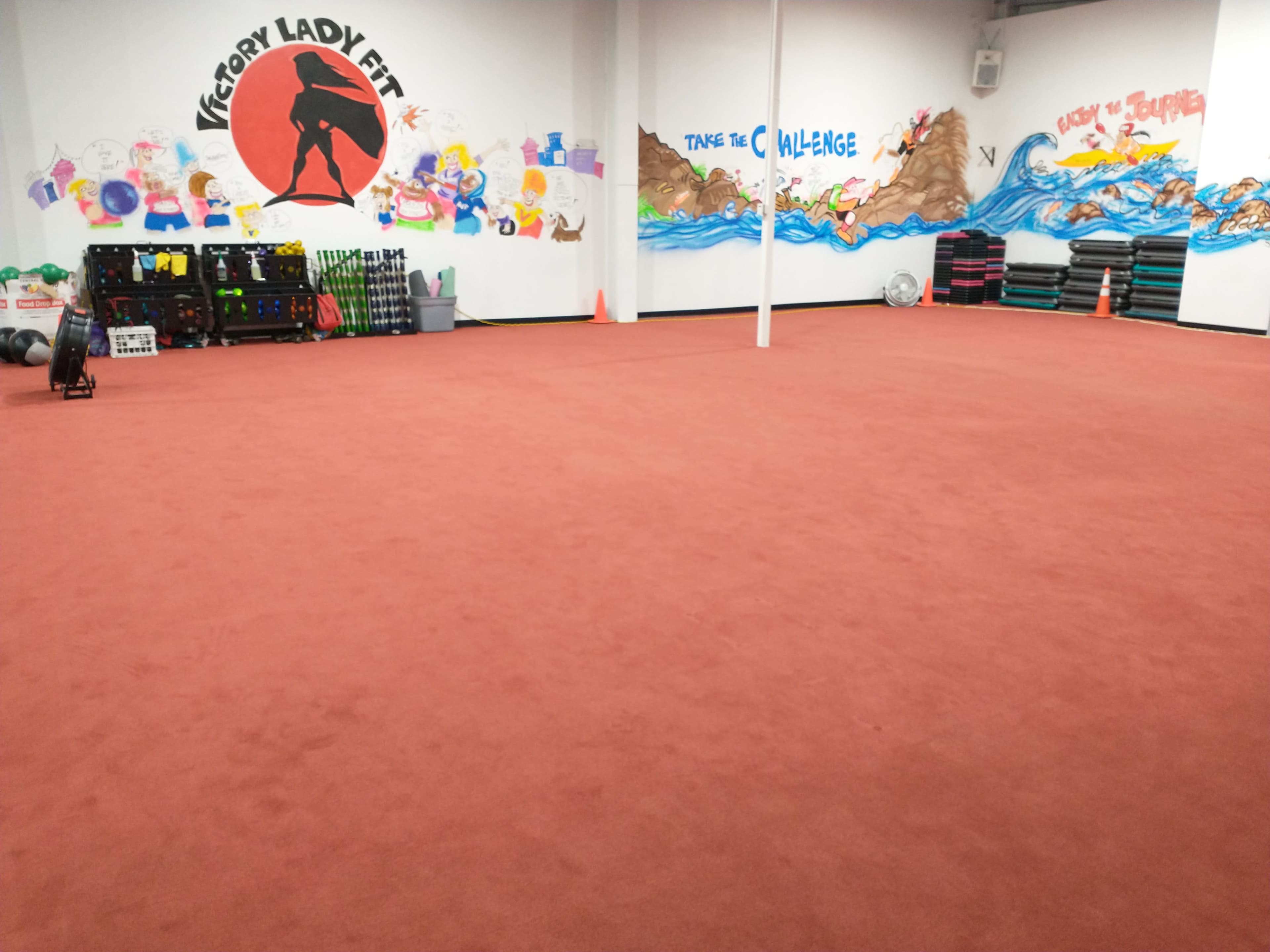 An empty fitness studio featuring red carpet flooring, wall murals, and various fitness equipment arranged at the back.