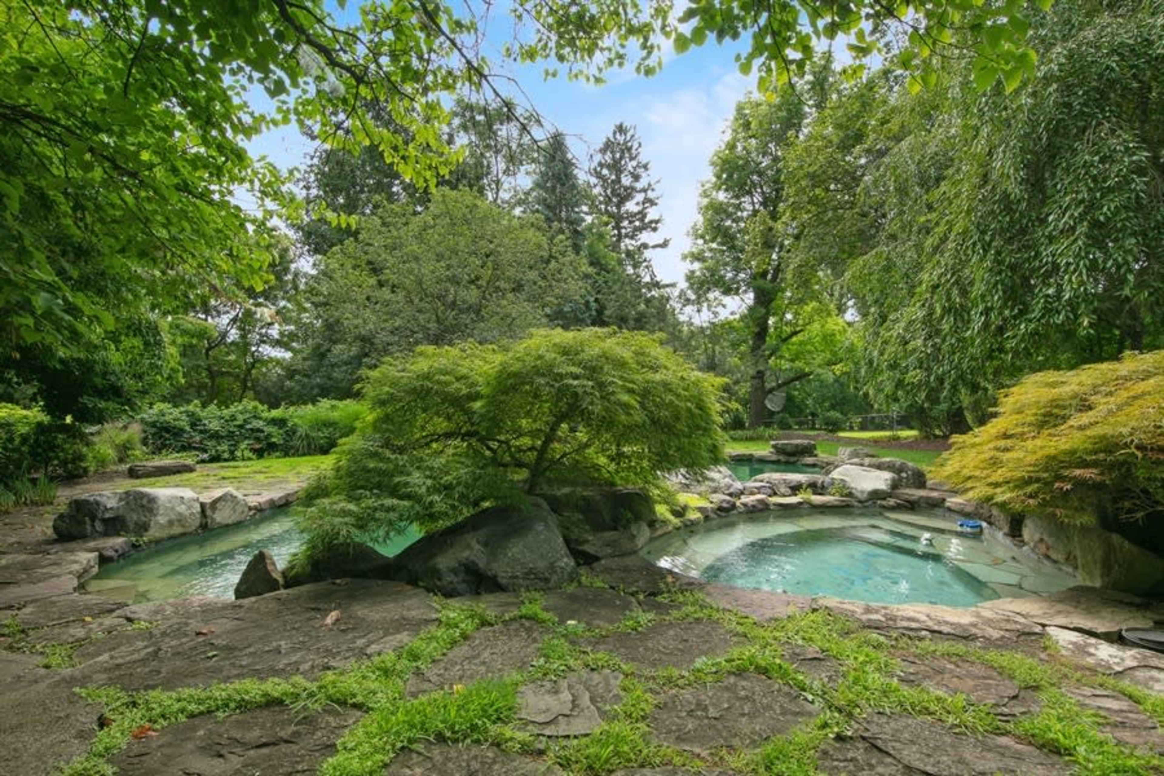 Two natural-looking pools surrounded by lush greenery and large stones.