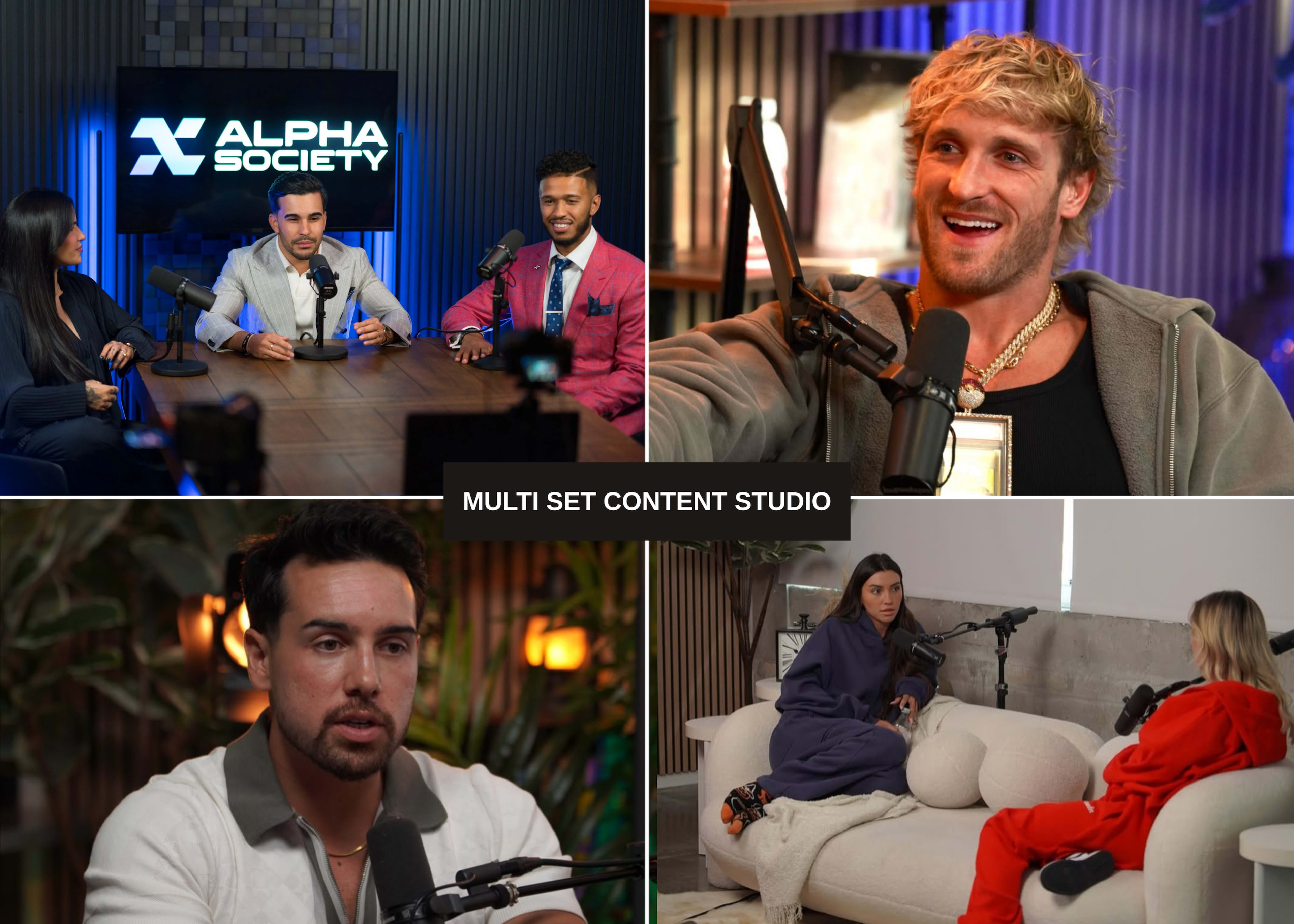 The image shows a multi-set content studio with various podcast hosts and guests engaged in discussions and interviews, featuring a branded backdrop with "ALPHA SOCIETY."