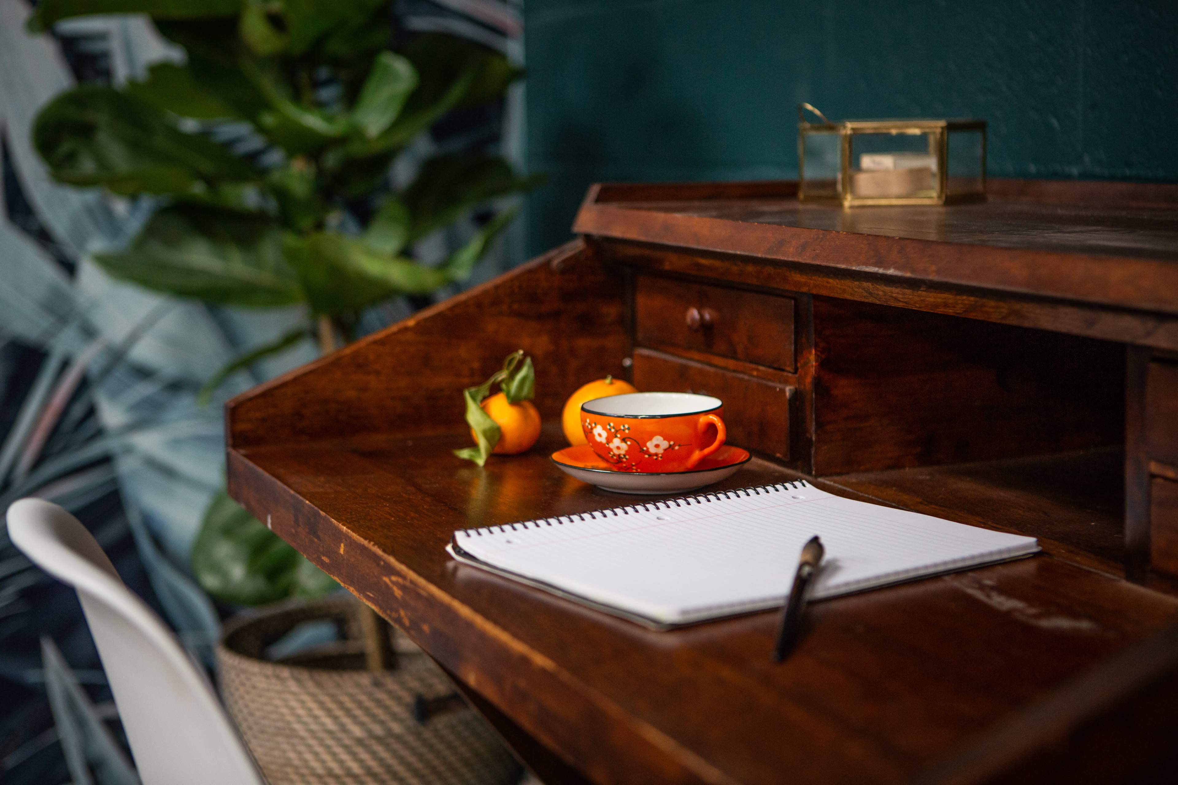 A wooden desk with a notebook, pen, and an orange cup sits beside a potted plant and a decorative box.