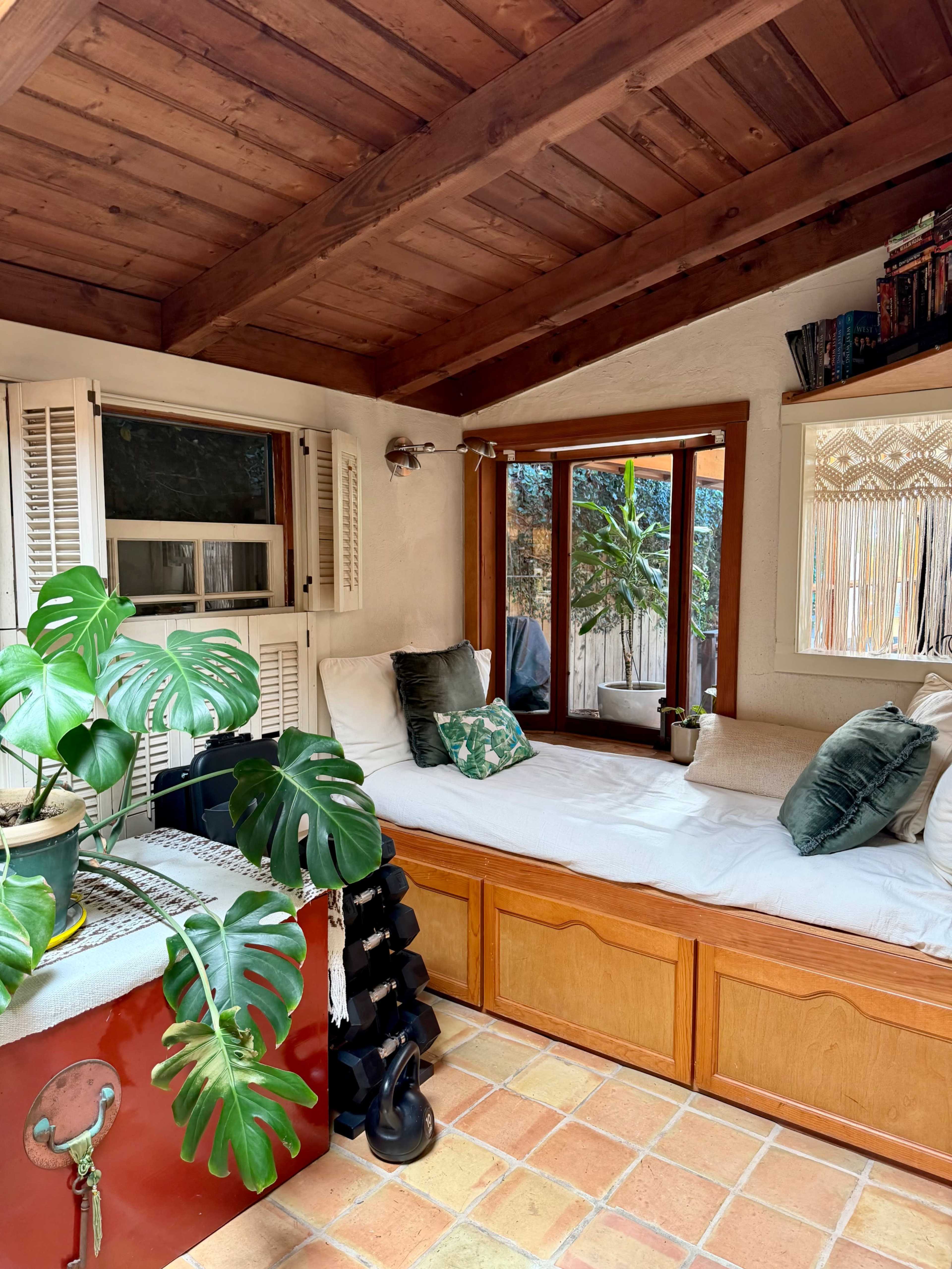 The image shows a cozy room with a wooden ceiling, a large window, a daybed adorned with pillows, and a leafy potted plant in the corner.