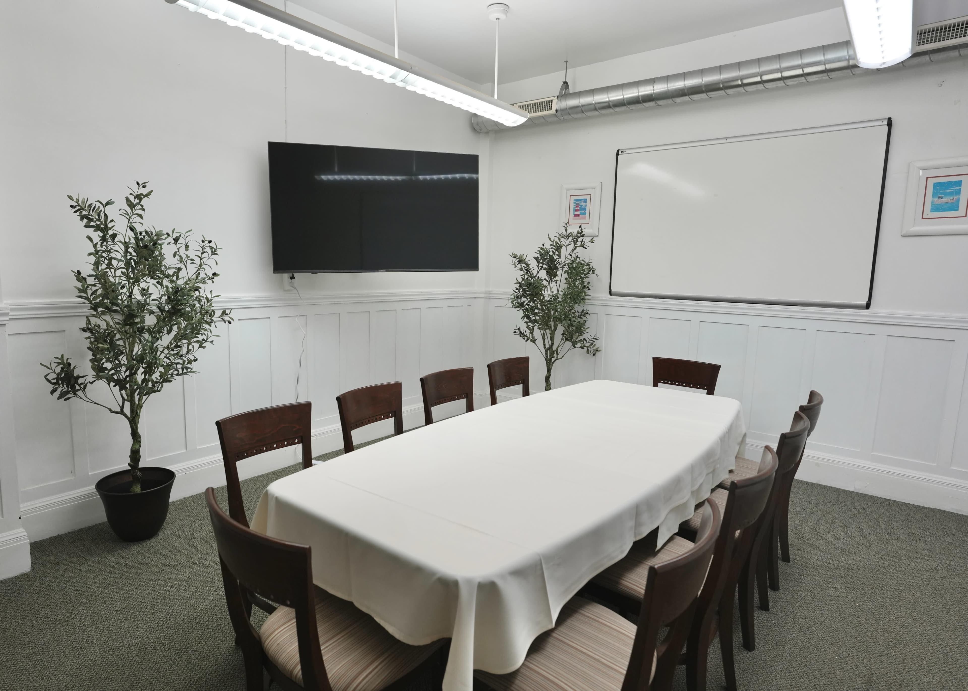A long table with chairs is set in a bright meeting room featuring a television, a whiteboard, and two potted plants.