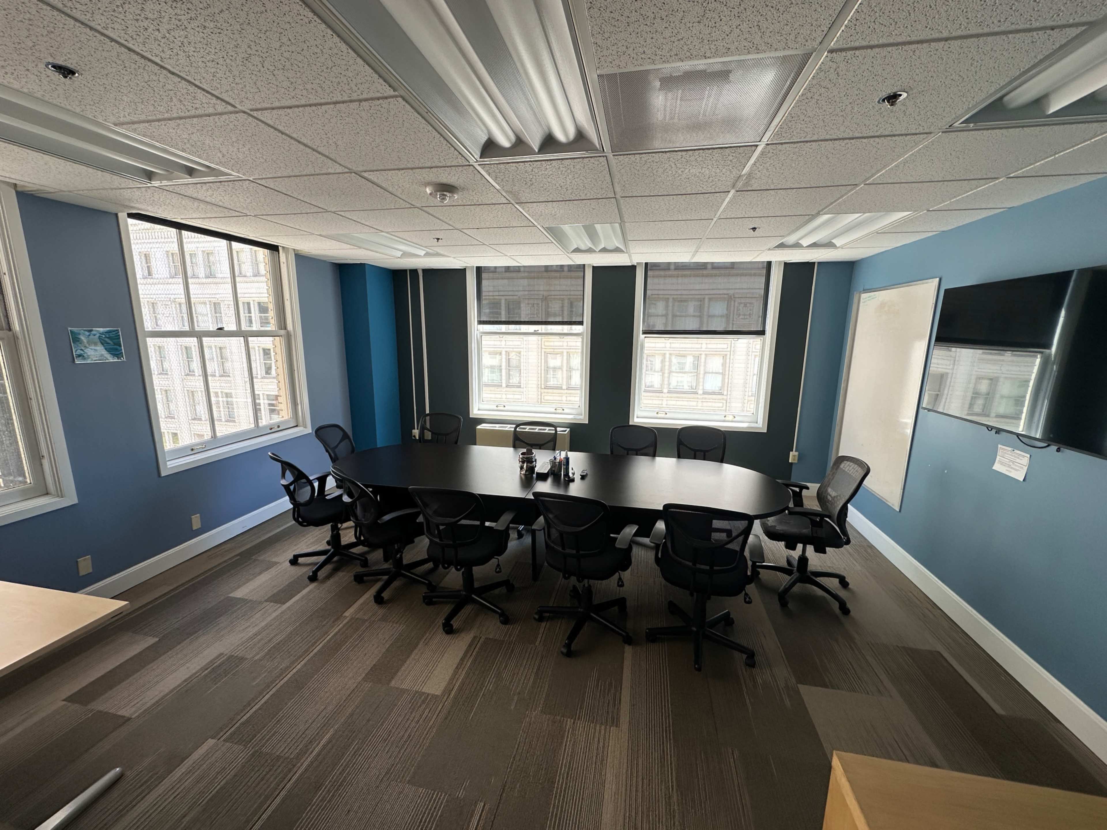 A conference room features a large, oval table surrounded by ten black chairs, with large windows letting in natural light and a wall-mounted television.