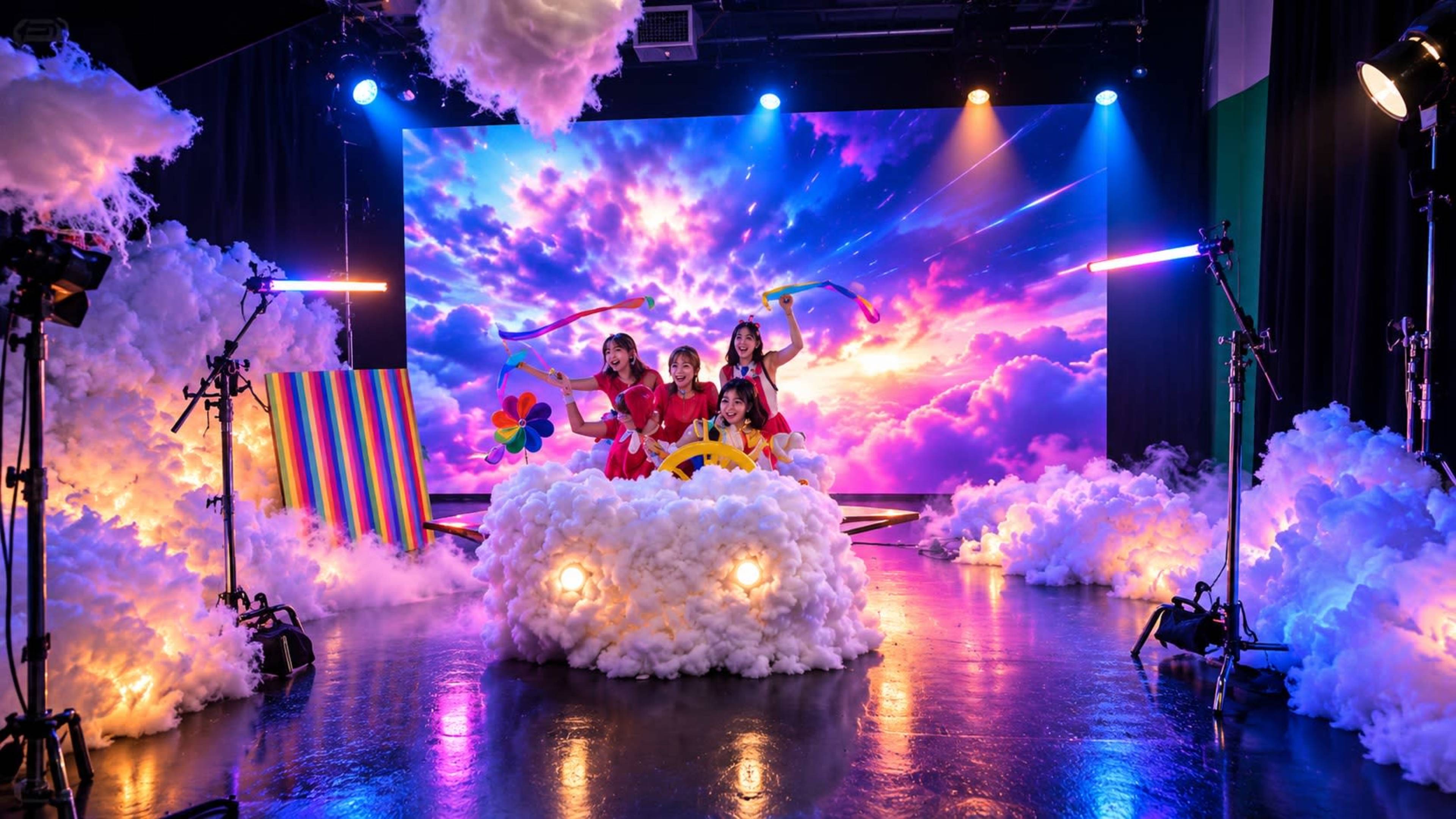 A group of five girls poses in a cloud-themed set with colorful props and a vibrant background depicting a sunset sky.